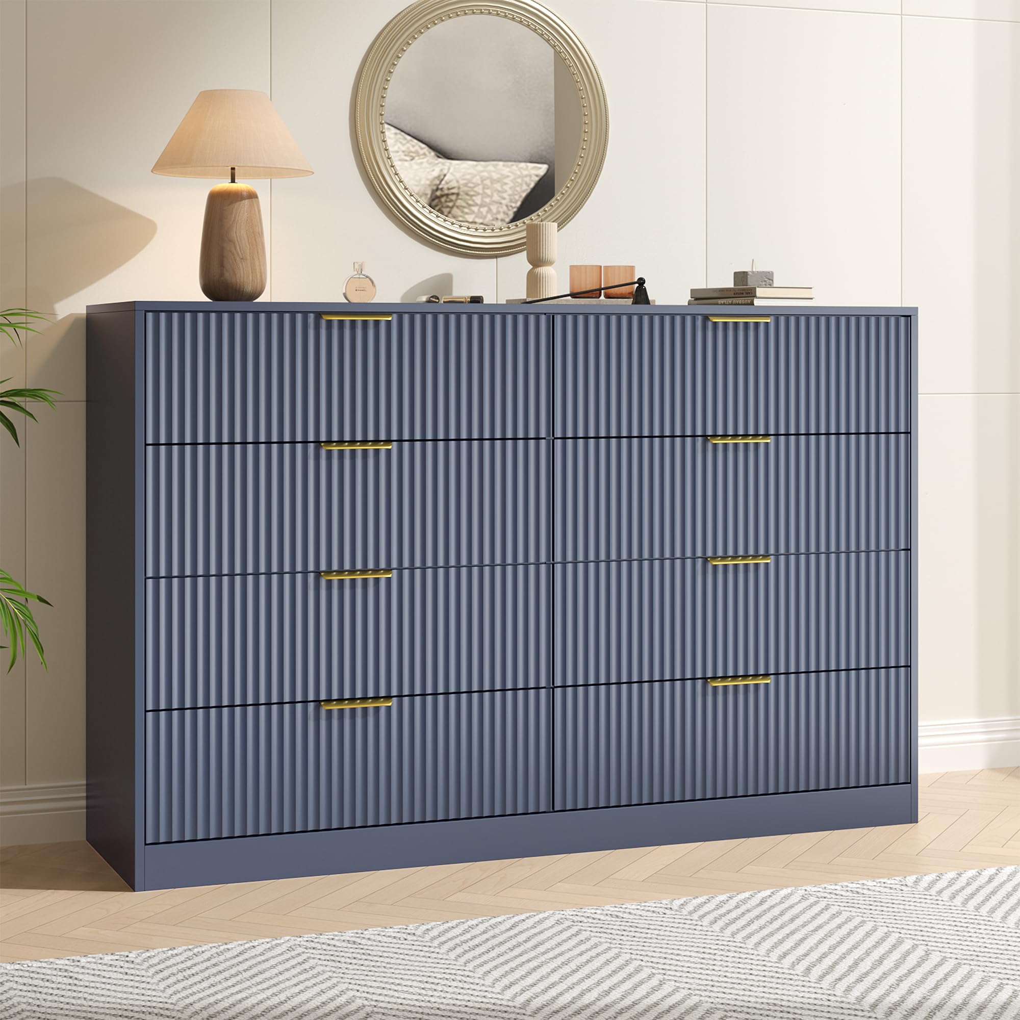 8 Drawer Dresser for Bedroom, 55" Wide Fluted Wood Dresser, Blue