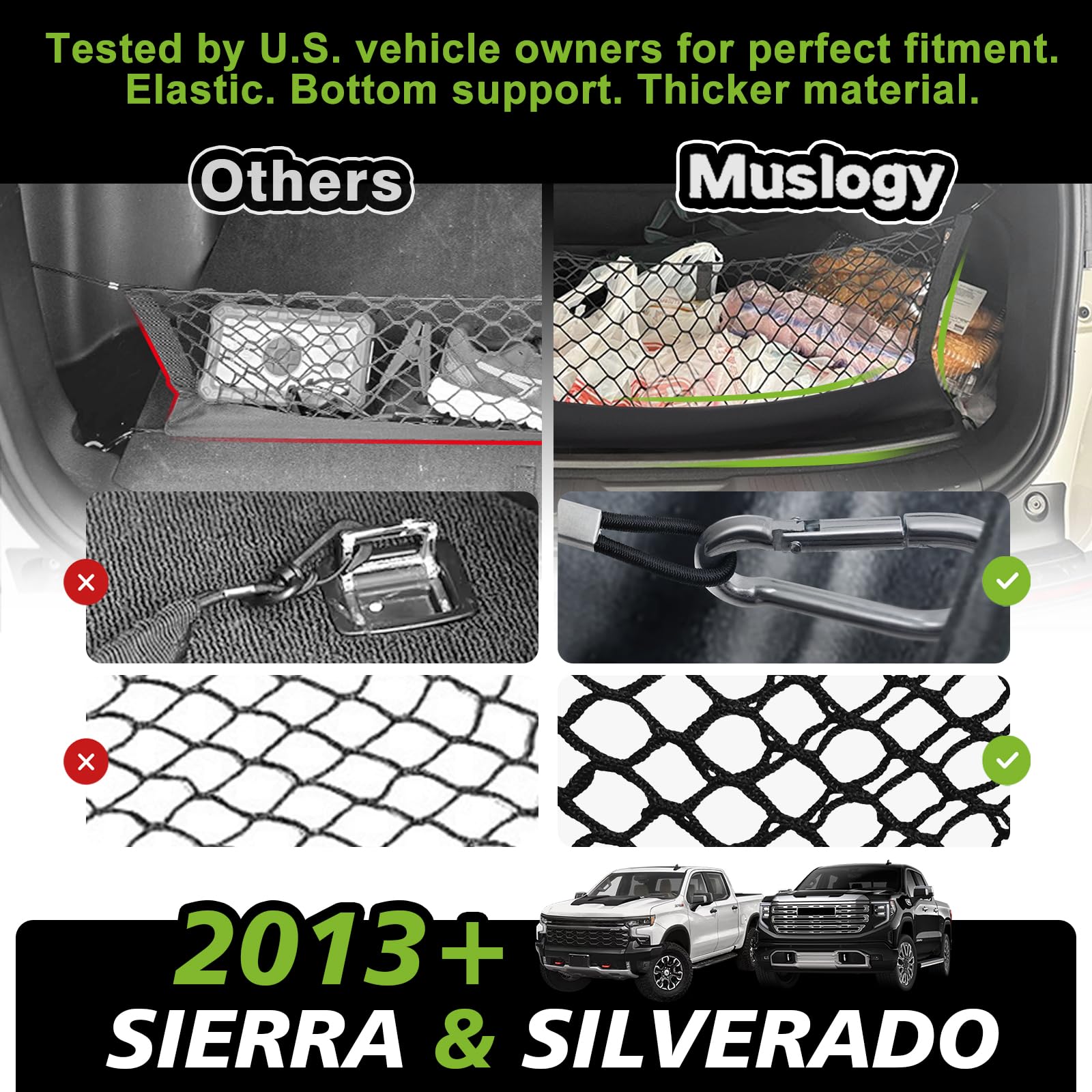 Muslogy Rete per Cassone del Camion Compatibile con Chevy Silverado e GMC Sierra 1500/2500HD/3500HD 2013-2025, Organizer per Accessori e Stoccaggio per Cassone del Pick-up, Stile Busta, con