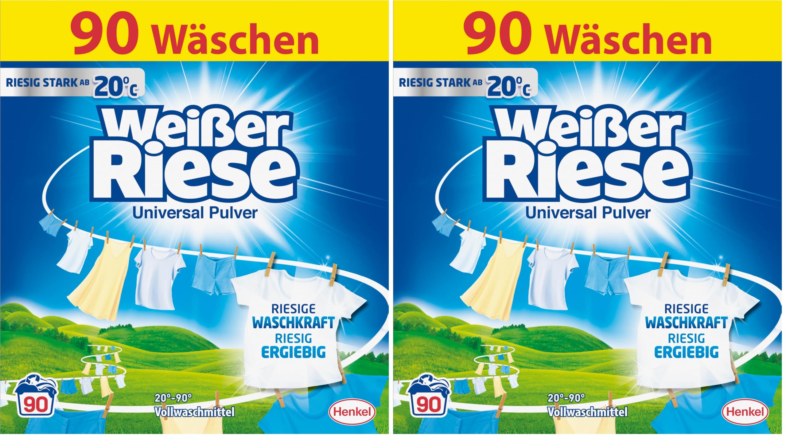 Weißer Riese Universal Pulver (90 Waschladungen), Vollwaschmittel mit riesiger Waschkraft schon ab 20° C, riesig ergiebiges Waschpulver, ideal für Familien mit Kindern (Packung mit 2)