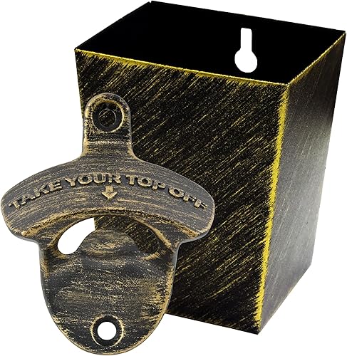 Abrebotellas de montaje en pared vintage con colector de tapa inoxidable, abrebotellas de cerveza de estilo antiguo montado en poste y cubo de tapa,