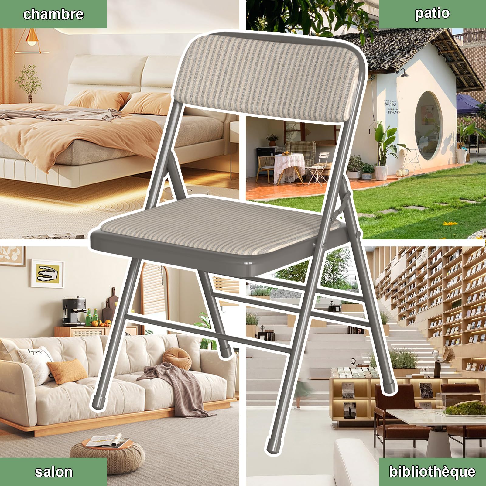 Lot de 4 Chaise Pliante, Chaises de Salle à Manger en Tissu, Cadre en métal, avec Dossier, 45x48x78cm, pour Salon, Bureau, Salle à Manger, Gris
