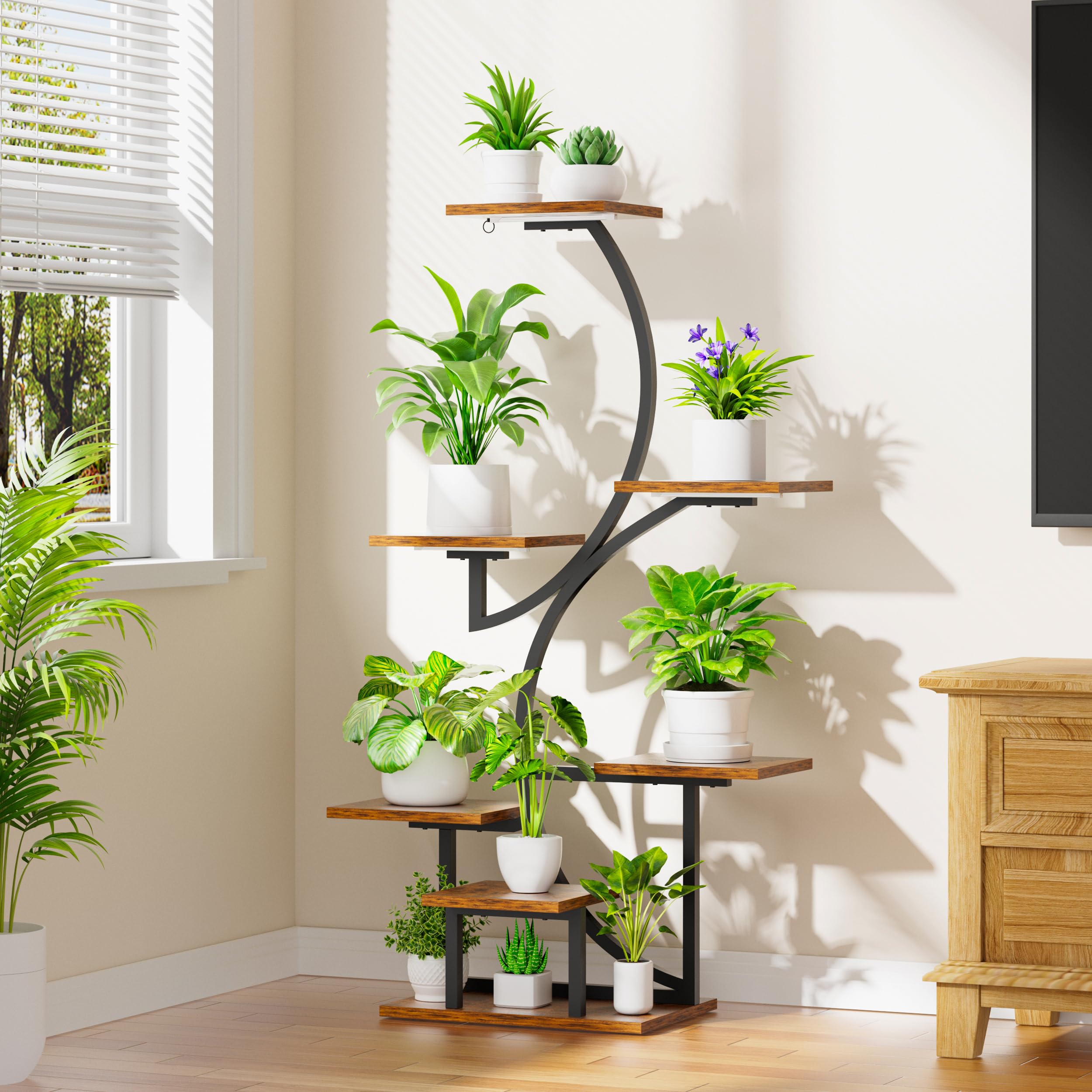Soporte para plantas de interior con luces de crecimiento, estante para plantas de 7 niveles para interiores, soporte de esquina de 44 pulgadas para plantas de interior, estante alto de 2