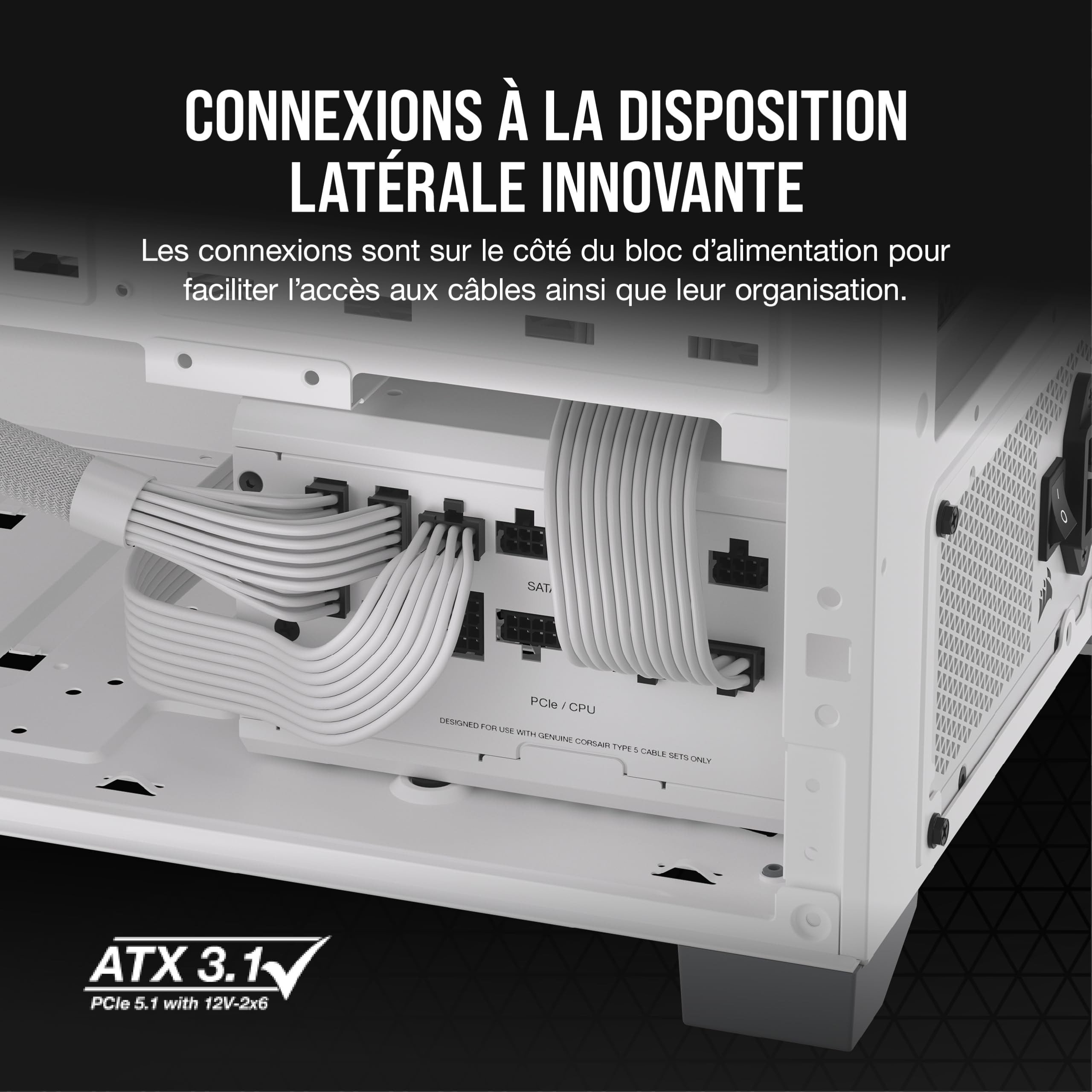 Corsair RM850x SHIFT Alimentation ATX Entièrement Modulaire - Interface Latérale Modulaire - Compliant ATX 3.1 & PCIe 5.1 - Condensateurs Évalués à 105°C - Efficacité 80 PLUS Gold - Blanc