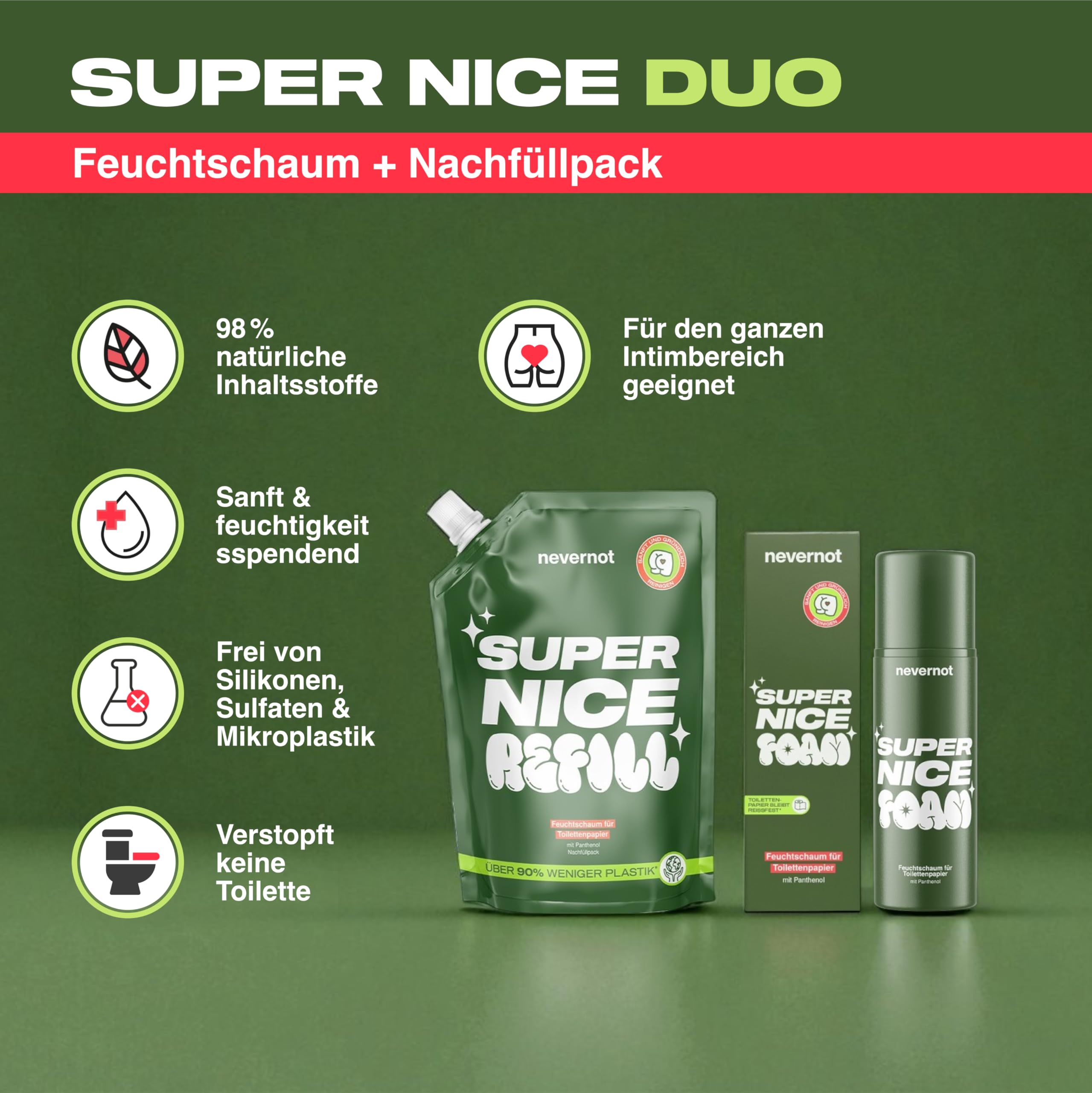Super Nice Foam Feuchtschaum für Toilettenpapier Starter Set | 120 ml & Nachfüllpack 240 ml, Milder Reinigungsschaum, Panthenol, 98% Natürlich, Feuchttücher Ersatz, nevernot