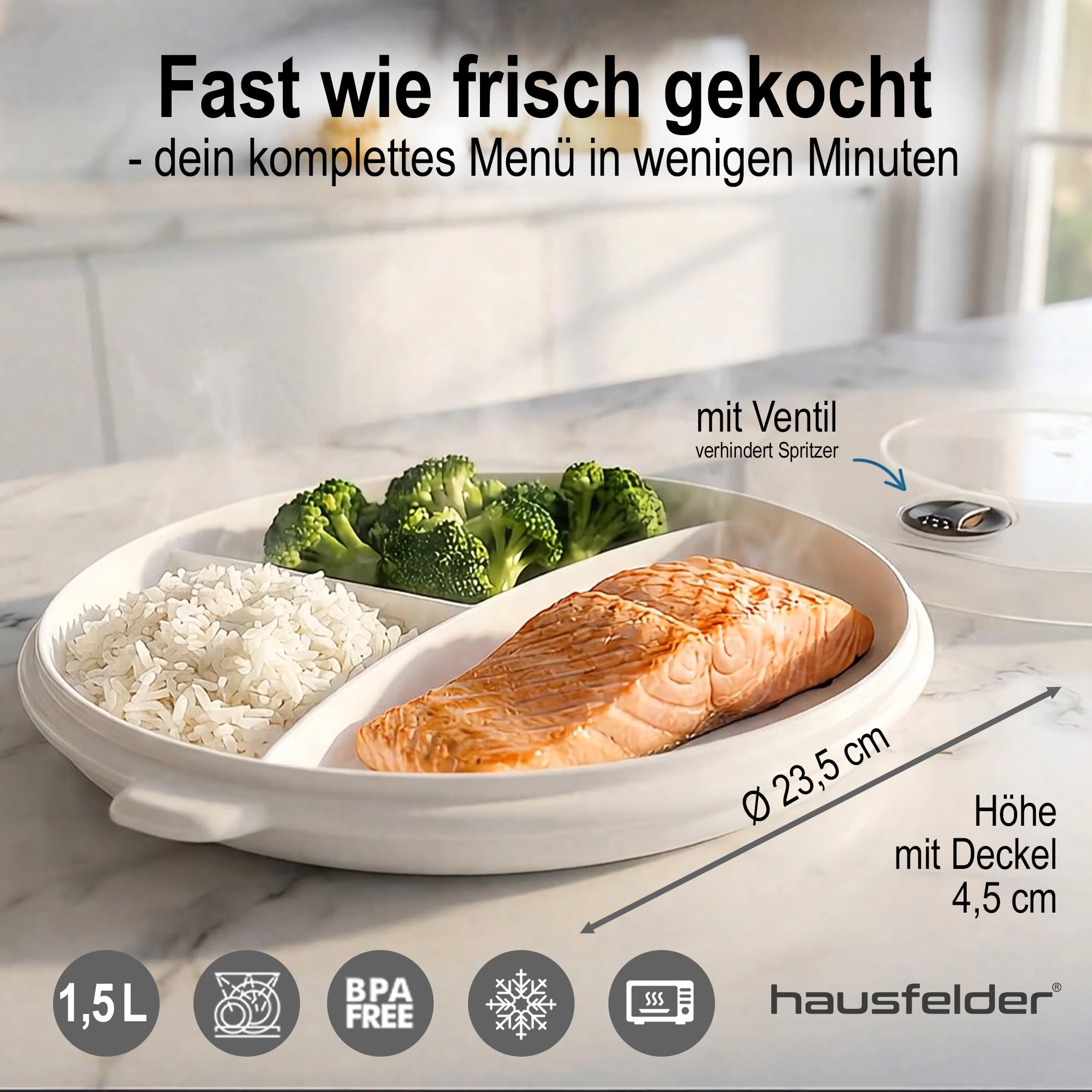 Hausfelder Mikrowellen Menuteller 2er Set, | spülmaschinen- und mikrowellengeeignet, stapelbar, Menüteller mit Unterteilung zum Aufwärmen und Warmhalten