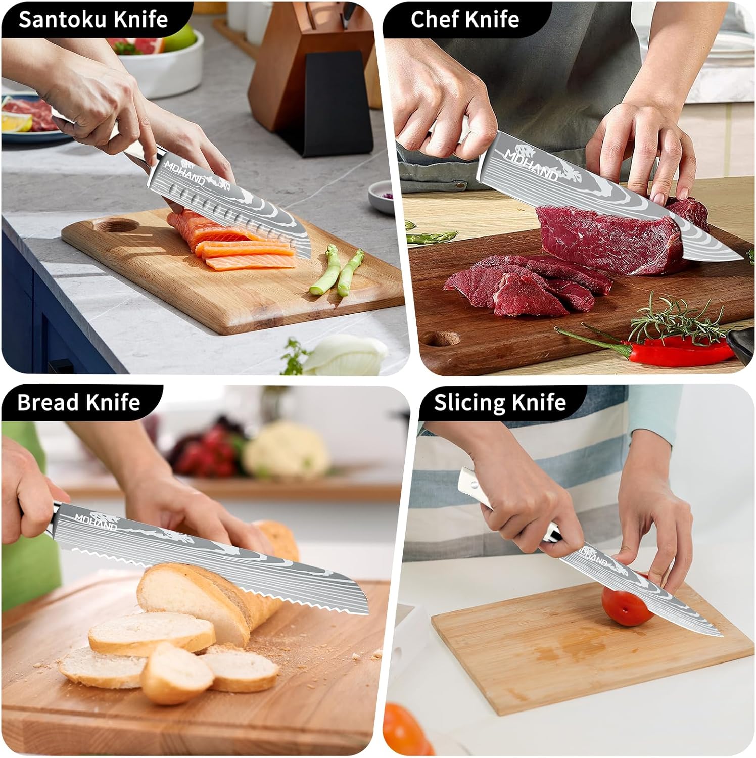 MDHAND Professional Chef Knife Set with Roll Bag, 9PCS Japanese Kitchen Knife Set with Sharpener, High Carbon Stainless Steel Kitchen Knives - Forged Triple Rivet, Dishwasher Safe, Chef Gifts, White - Image 7