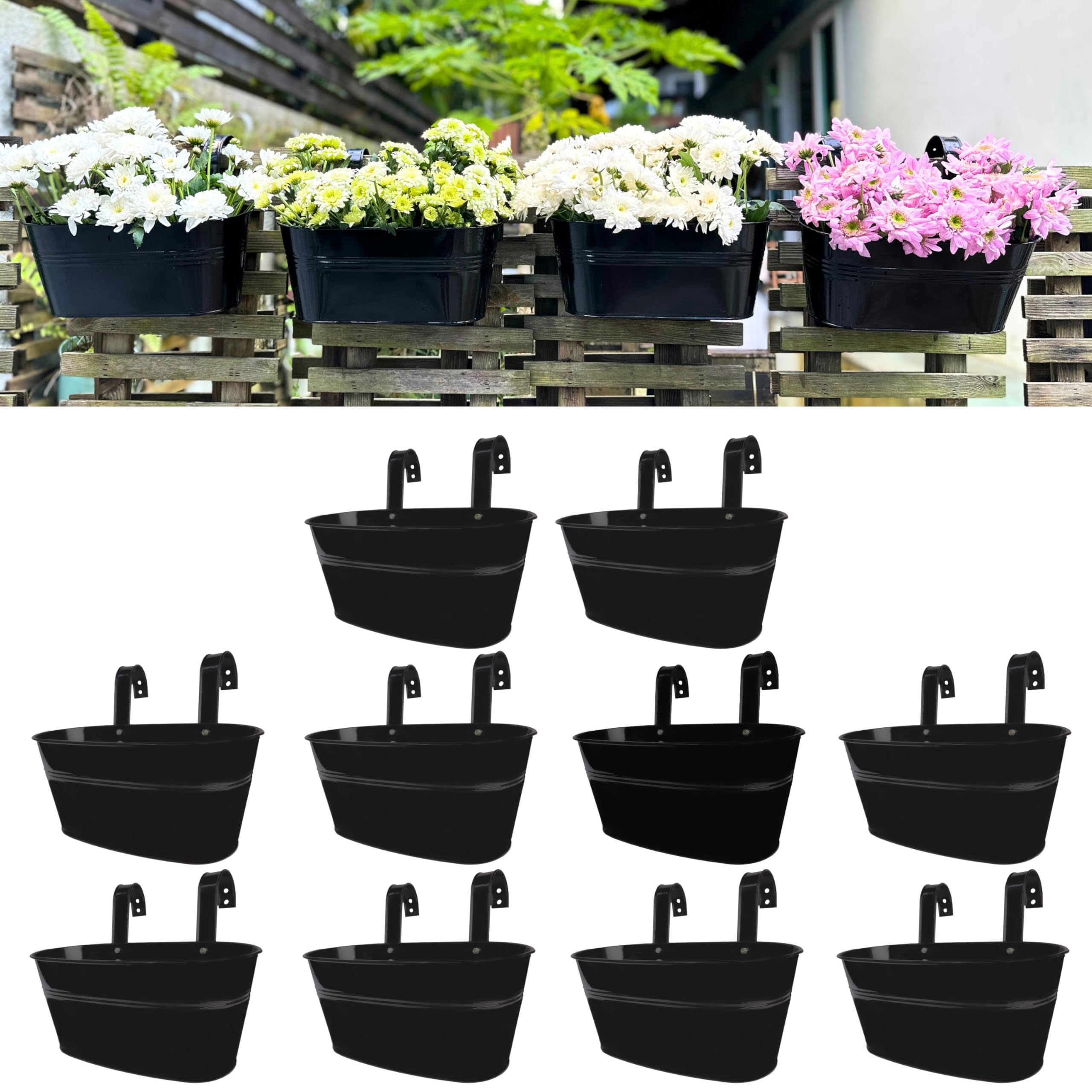 LaLaGreen - Maceta para plantas al aire libre (paquete de 10 unidades, 11.2 pulgadas), macetas colgantes de hierro negro de metal negro, barandillas de cubierta, cubos de valla, estilo bohemio