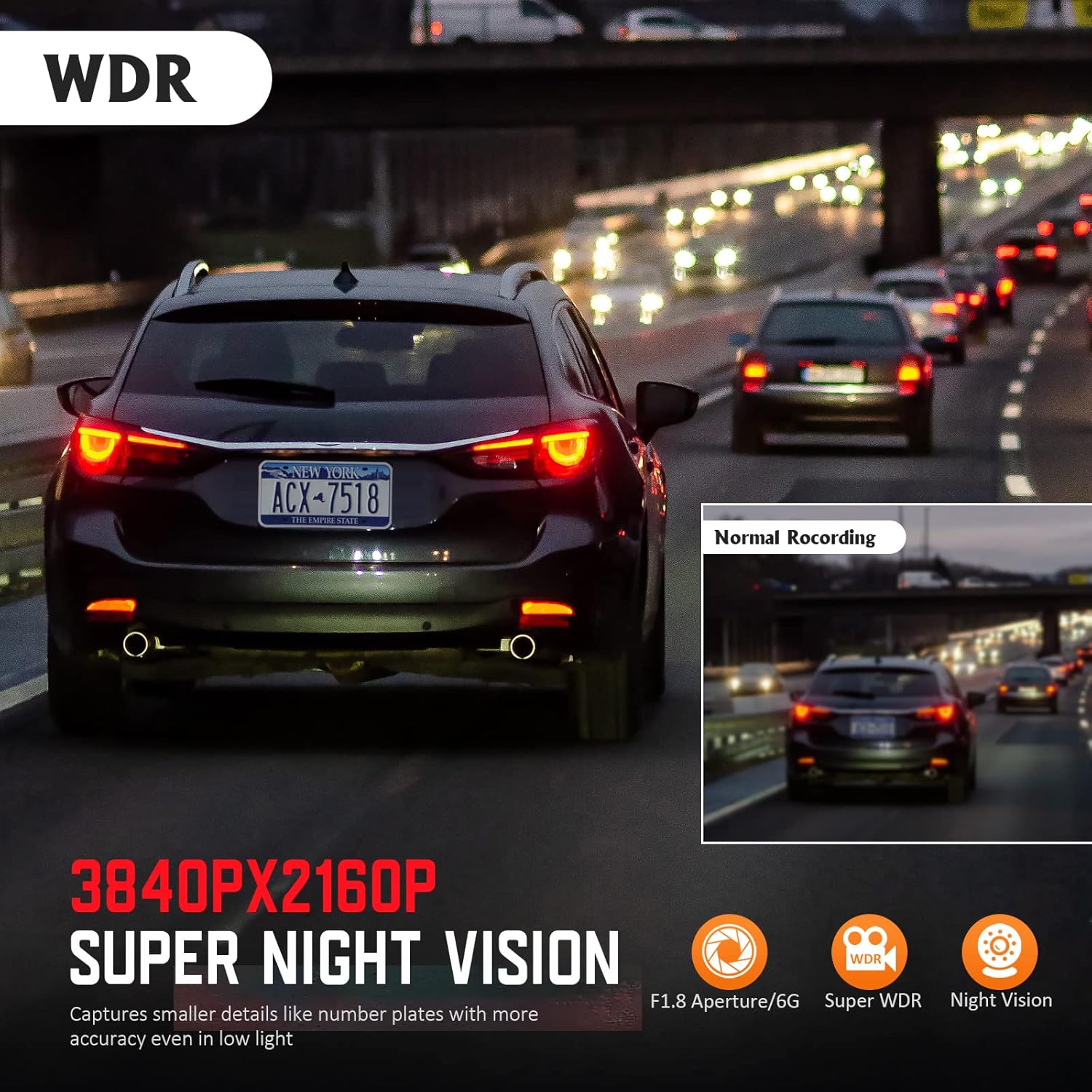 Comparison of normal recording versus super night vision recording at 3840x2160P, highlighting improved clarity in low light with F1.8 aperture, 6G lens, WDR, and night vision features.