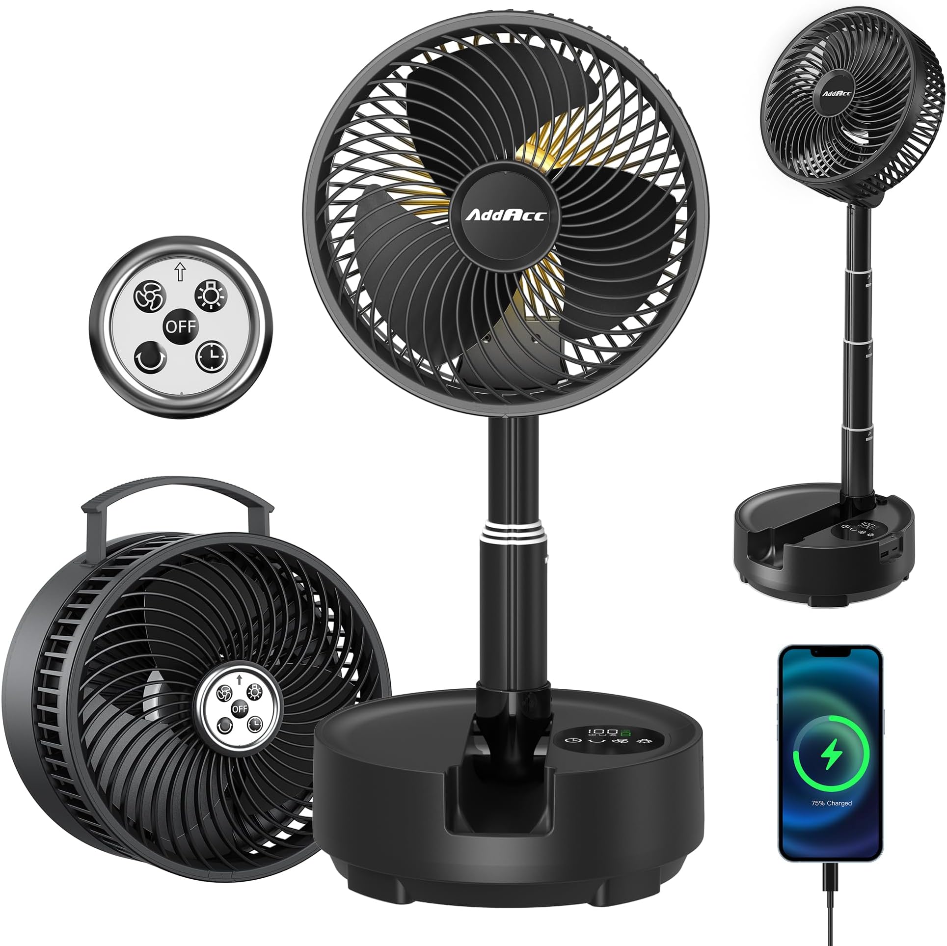 Portable Travel Fan, Foldable Standing Fan for Bedroom, 112H Run & 9 Speeds, Rechargeable Fan With Timer & Remote, Collapsible Oscillating Fan for Travel Cruise Essential Home RV Outdoor Power Outage
