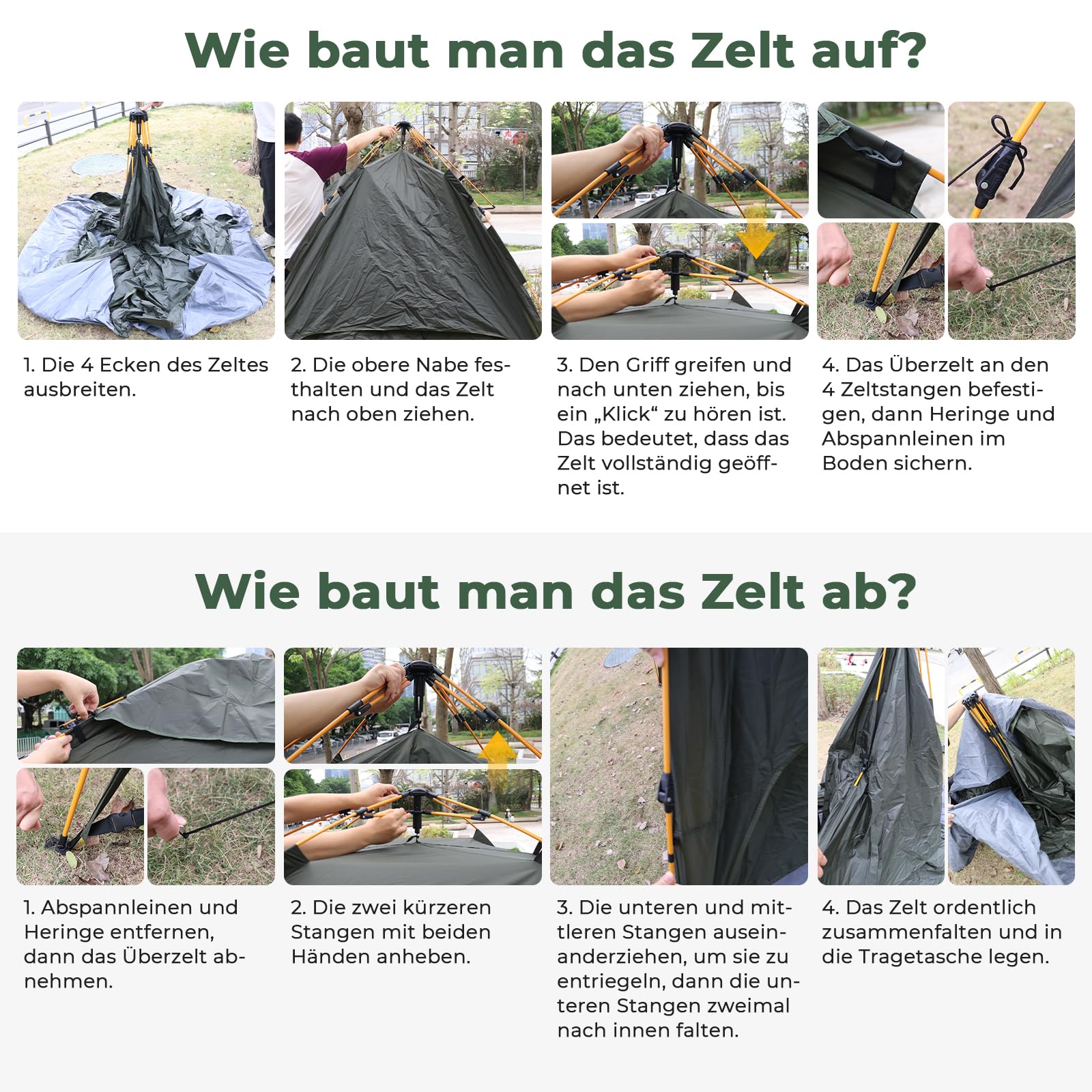 Pop Up Zelt 3-4 Personen, Automatisches Wurfzelt mit 3000mm Wasserdicht, Doppelwand Campingzelt für Festival, Trekking & Familie, Schnellaufbau in 40 Sek, 2 Türen, 2.3x2.3x1.2m, Grau