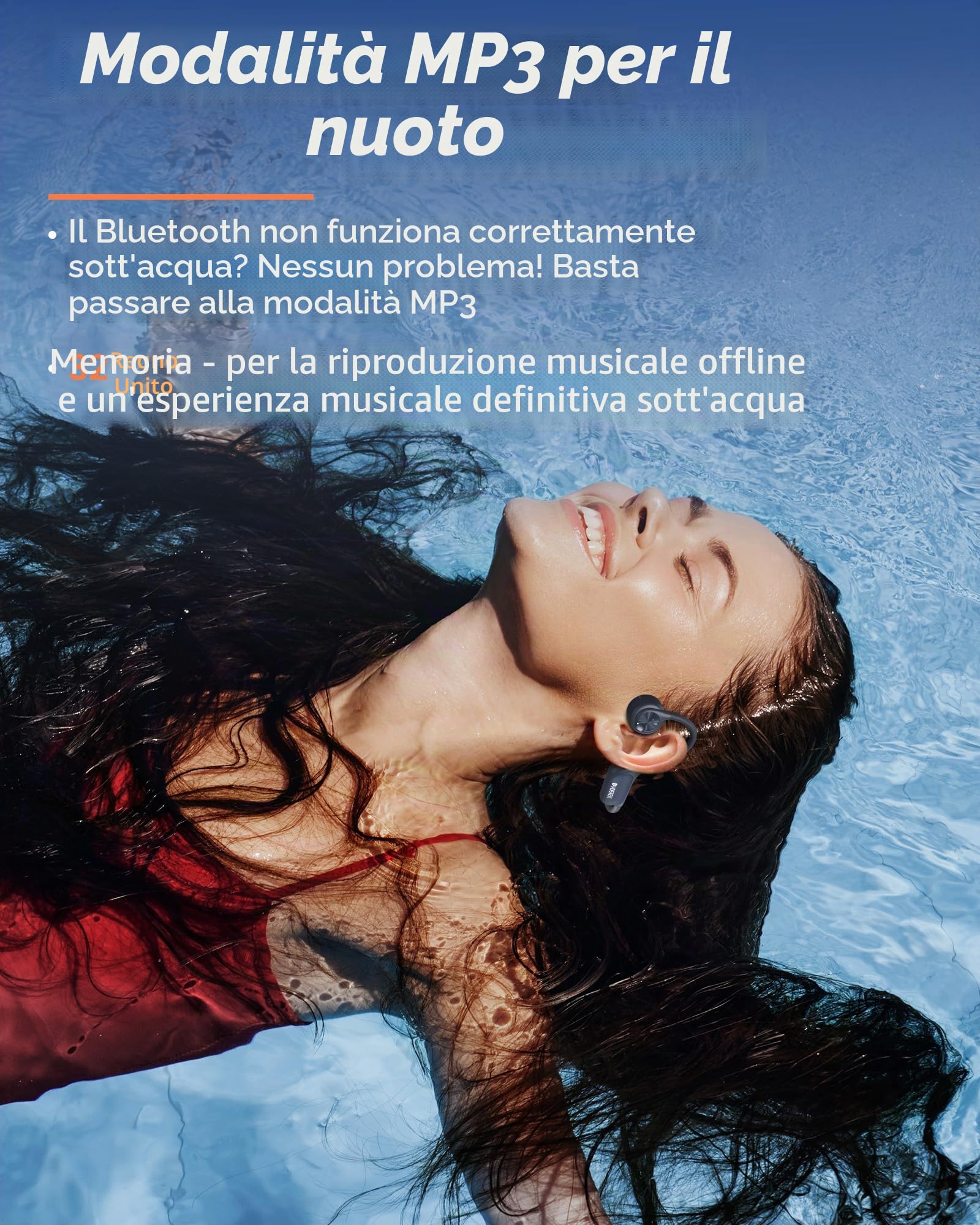 Voistek Cuffie Bluetooth 6.0, impermeabili, IP68, con lettore MP3 da 32 GB di memoria, senza fili subacquei, design aperto per nuoto, corsa, bicicletta e surf (blue)