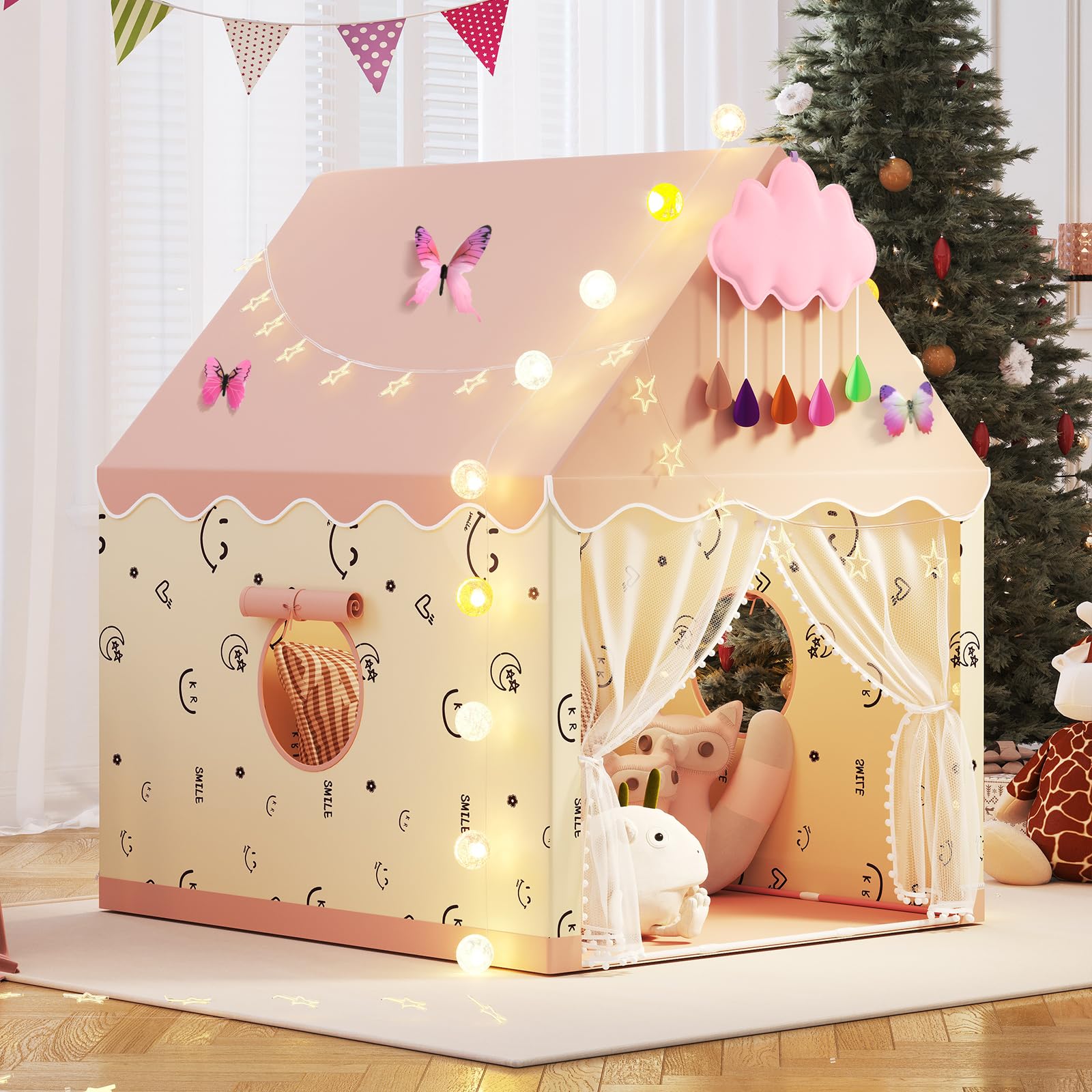 Kids Play Tent, Princess Tent Indoor Playhouse Set with Star Lights, Ball Lights, Colorful Flags, Butterflies, Clouds - Pink Tents for Kids Toddle Castle for Girls Toy House Gift