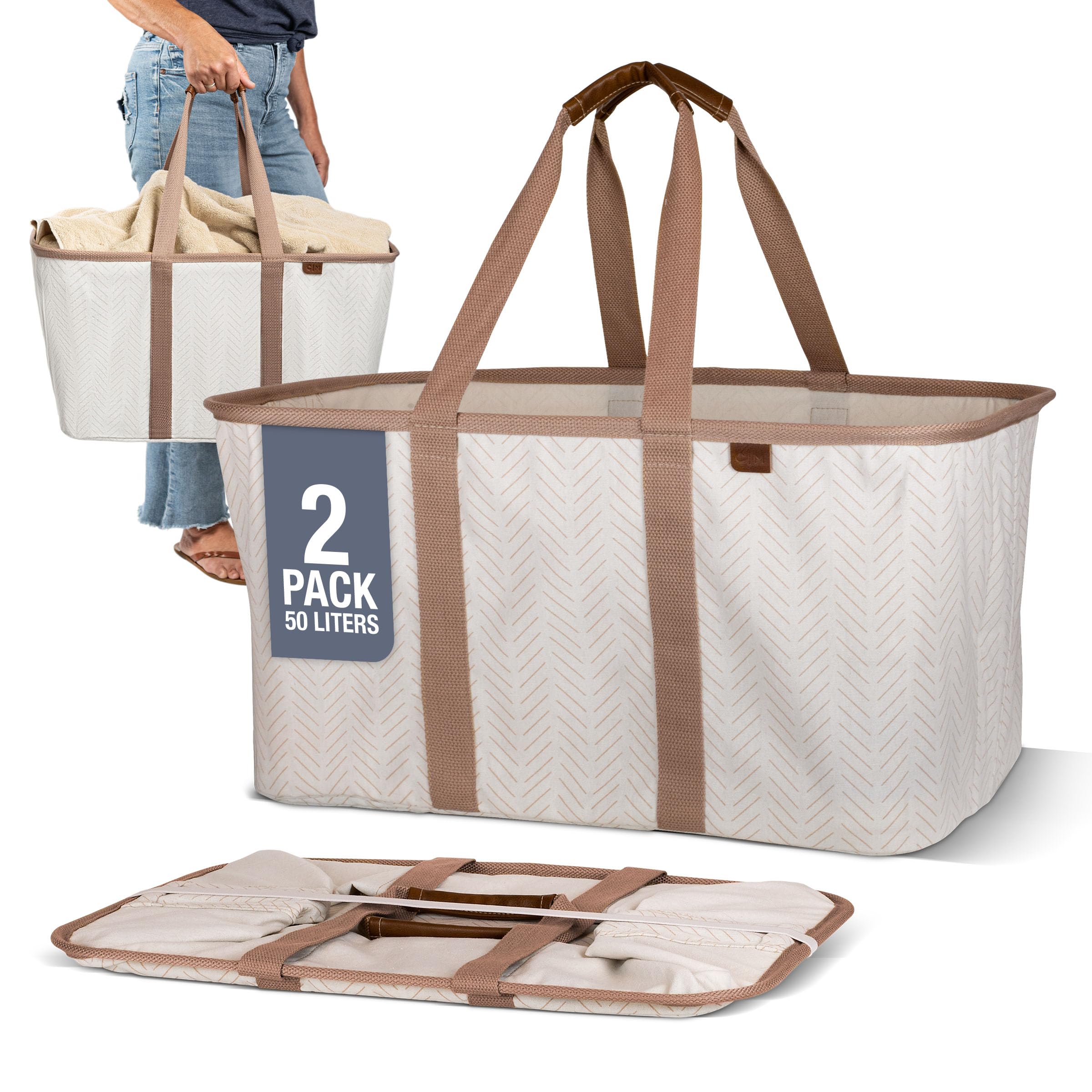 CleverMade Faltbare Wäsche-Tragetasche, luxuriös, Fischgrätenmuster, 2 Stück, 50 l, Premium-Baumwoll-Mischgewebe, zusammenklappbare Wäschekörbe mit stabilem Pop-Up-Drahtrahmen, lange Tragegriffe,