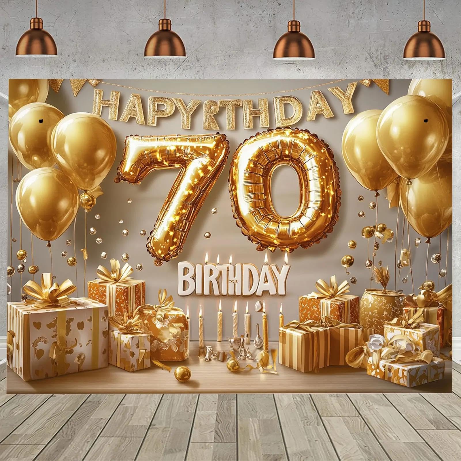 Extragroßes Hintergrundbanner für die 70. Geburtstagsparty – Goldenes Thema, mit Luftballons, Geschenkboxen und festlicher Dekoration 350x230cm