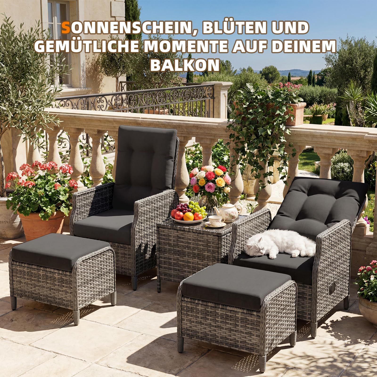 UDPATIO Rattan Gartenmöbel Set 5-teilig mit Verstellbaren Sessel, Fußhocker und Couchtisch | Lounge Möbel Outdoor Set | Balkonmöbel Kleiner Balkon | Wetterfest Terrassenmöbel | Schwarz