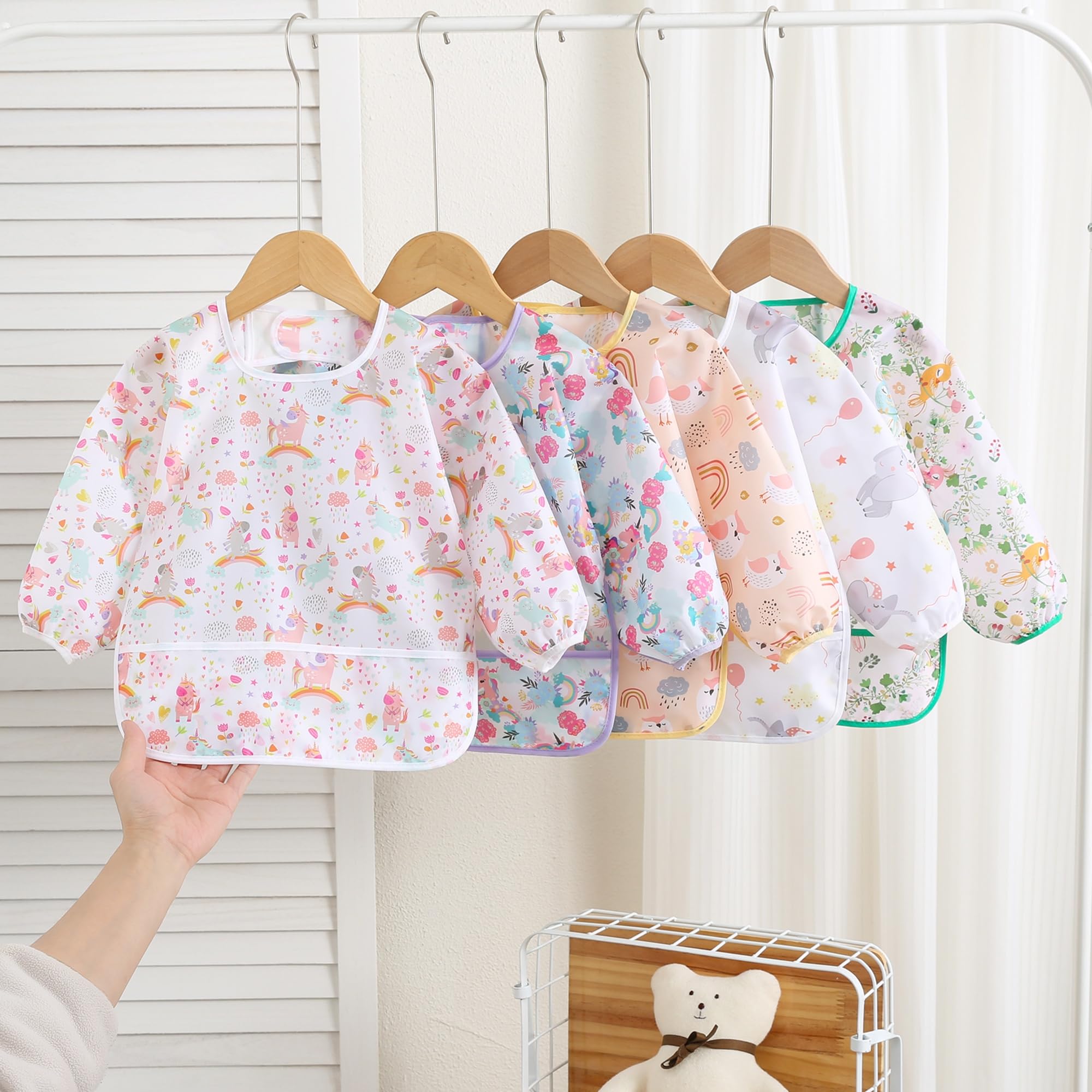 Bavoirs à Manches Longues Imperméables,Lot de 5, Tablier Peinture Enfant aux Enfants de 5 Mois à 3 Ans