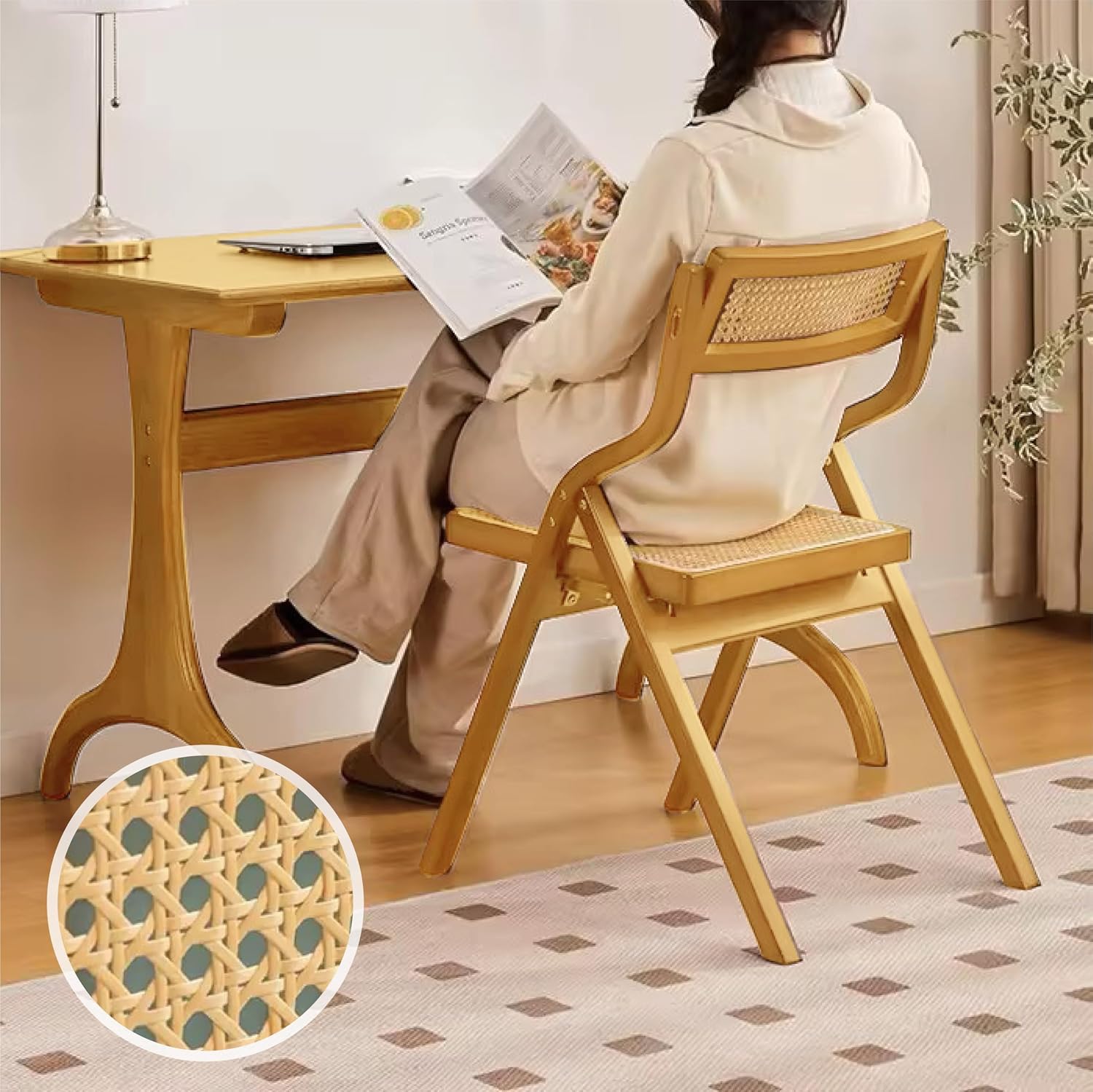 Bamboo Rattan Dining Chair Without Arms, Mid Century Modern Chairs with Rattan Back and Seat, Boho Farmhouse Retro Woven Side Chair Armless Chairs for Dining Room, Kitchen (2)