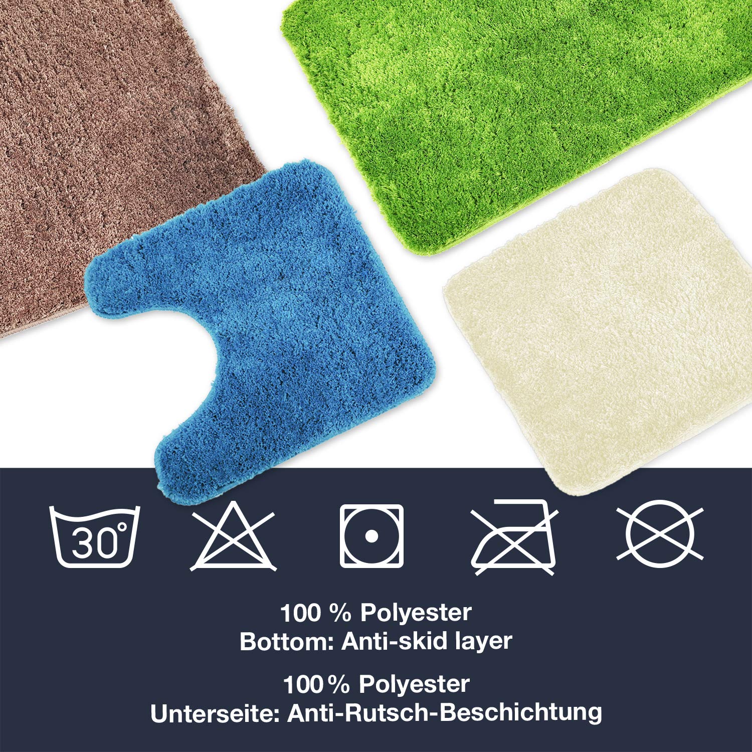 WohnDirect Alfombrilla de baño Conjunto - Alfombra baño Juego - Antideslizante - Lavable - Alfombra para el Cuarto de baño - Azul - 50 x 80 cm+ 60 x 100 cm + 45 x 45 cm con Recorte | Juego de alfombrillas de baño de pelo largo con cuello en U, con certifi