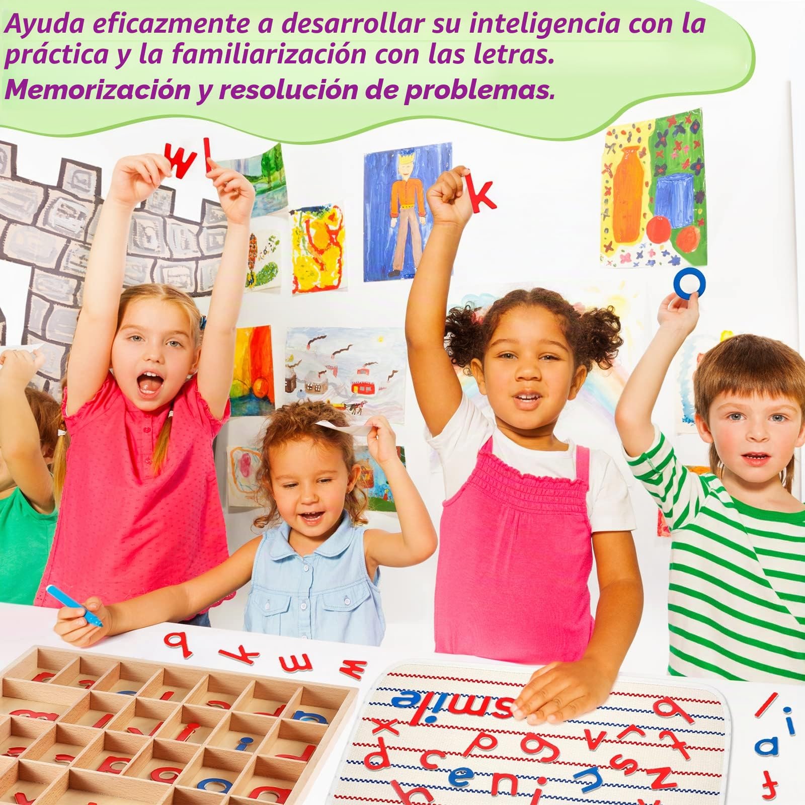 Juexica Letras minúsculas Montessori Letras del alfabeto de madera móvil con caja y alfombrilla grande, pequeñas bandejas de madera Montessori, materiales de aprendizaje de ortografía preescolar, rojo