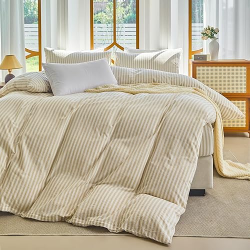 Miniatura 4 de Juego de funda de edredón a rayas tamaño Full 3 piezas 100% algodón lavado con textura parecida al lino natural arrugado cómodo transpirable (Full,