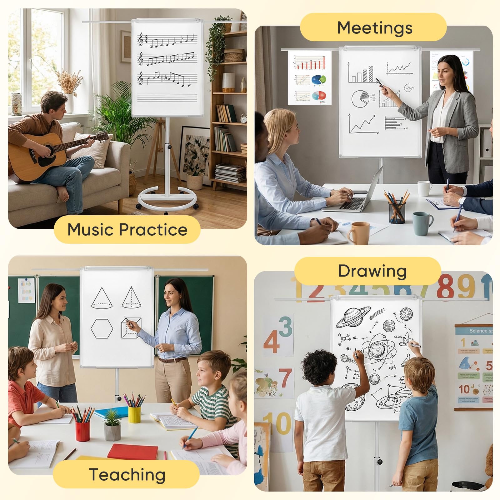 Magnetisches Mobiles Whiteboard & Flipchart Ständer 70x100 cm, Höhenverstellbar 157-195cm, fahrbare Moderationstafel mit 5 Rollen & Papierklammer, für Büro, Schule & Home Office (Weiß mit Schiebeclip)