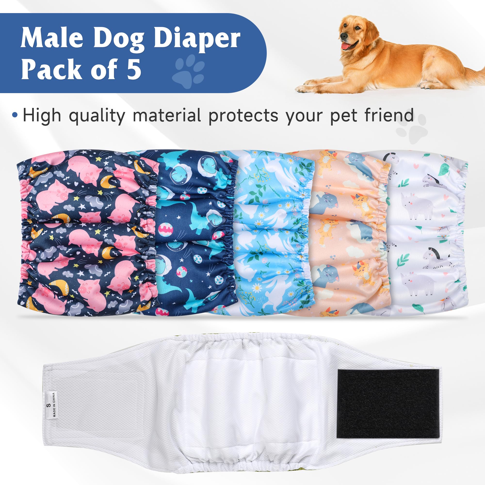 Hundewindeln für Männer, hochabsorbierende Hundewindeln, Bauchbänder für männliche Hunde mit Inkontinenz oder häufigem Wasserlassen, waschbare Hundewindeln, Tiermotiv, XS, 5 Stück