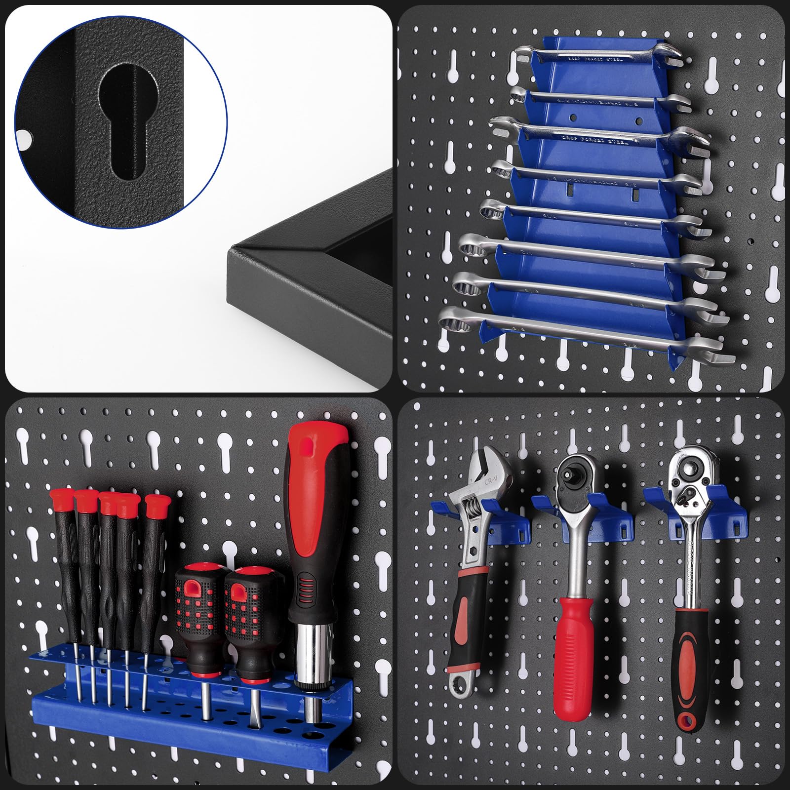 Werkzeugwand, 3-teilige Lochwand Werkstatt, Erweiterbare Werkzeuglochwand mit 17 Haken und Halterungen, 118 x 59.5 x 2 cm, Werkzeugwand aus Metall für Werkstatteinrichtung, Werkbank, Garage (Blau)