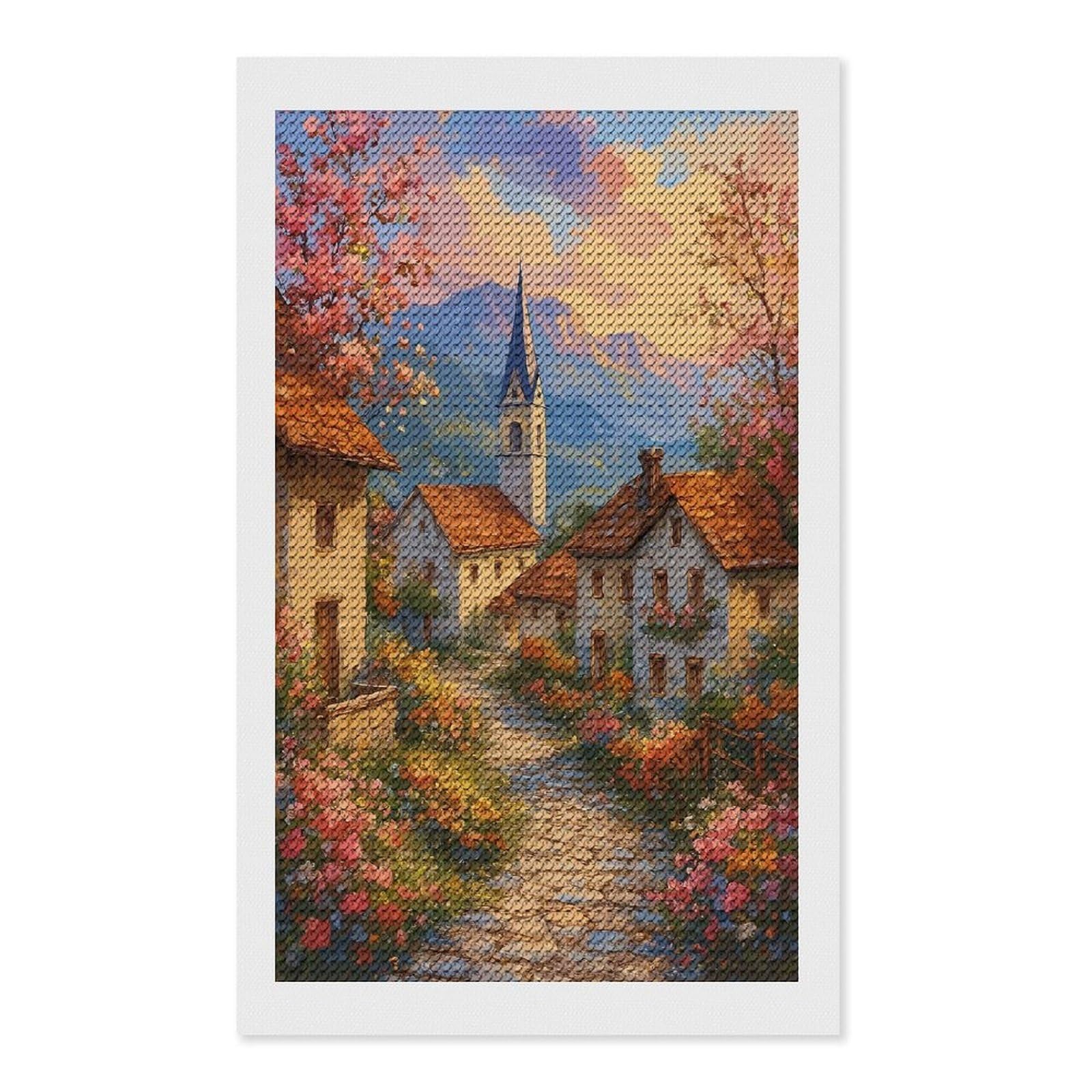 Junmoney Idyllic Village Scene with Flowers DIY Diamond Art Canvas Kit 12"x20", Complete Accessories, Creative Leisure Activity, Home Wall Decor, Gift Idea