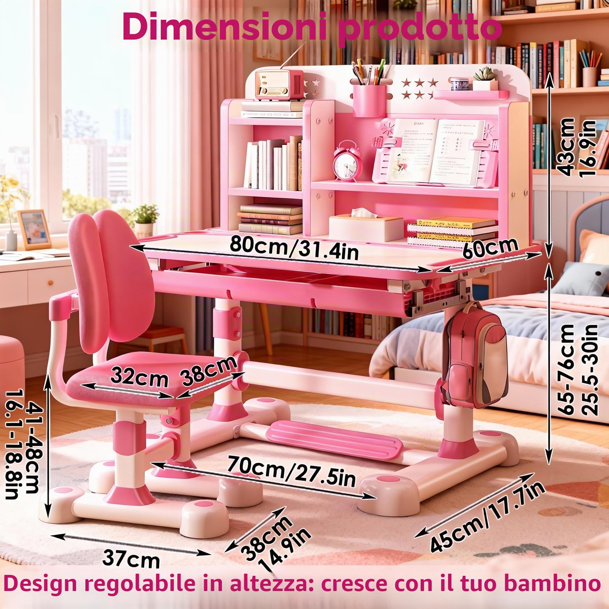 Set di scrivania e sedia per bambini, design con altezza regolabile, scrivania da studio ergonomica con sedia, scrivania per l'apprendimento con cassetto di stoccaggio, supporto per libri
