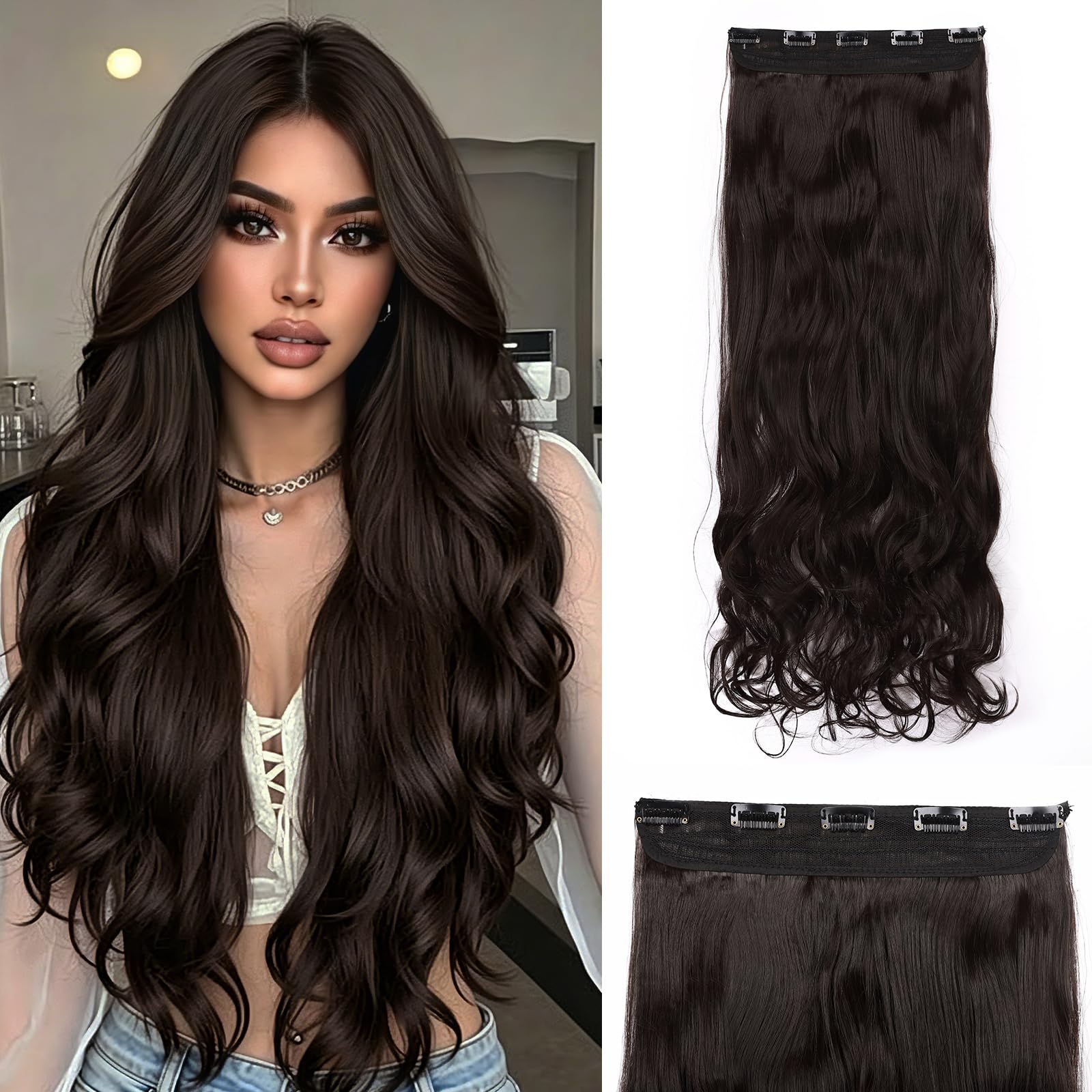 S-noilite Elegant 29"(73cm) Longest Curly Dark Brown 3/4 Full Head One Piece 5 Clips Clip in Hair Extensions