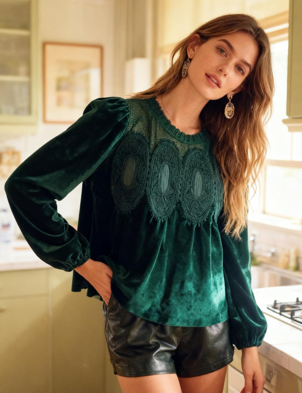 Gozoloma Women's Long Sleeve Velvet Trim Lace Blouse Elegant Flared Swing Top Round Neck Blouse Casual Wear - Image 3