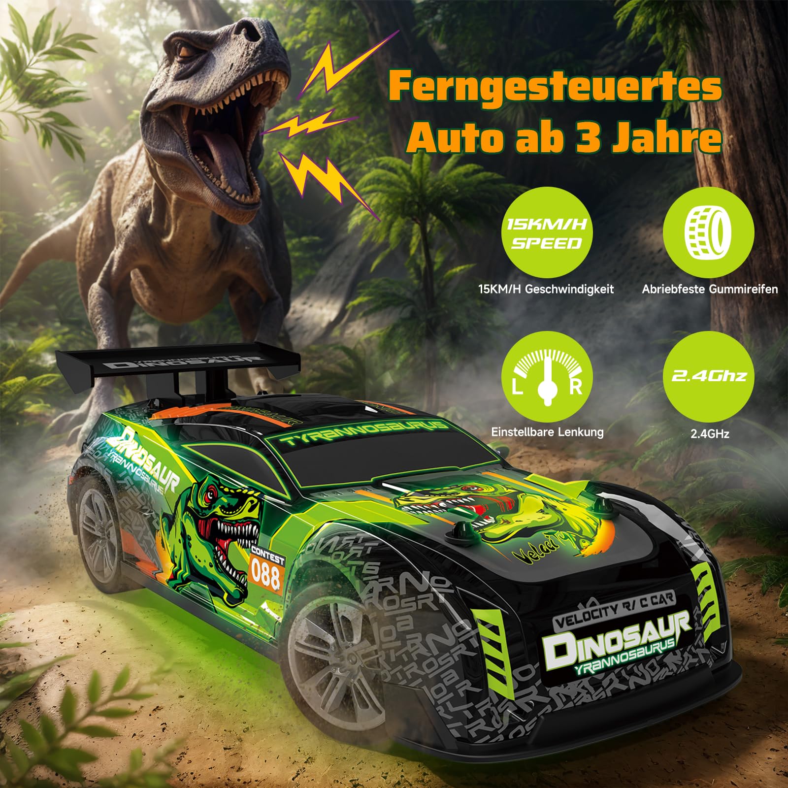 PENGBU RC 1/16 Remote Controlled Dinosaur with Lights, 15 km/h Remote Controlled Car from 3 4 5 6 Years, Black, 23 cm - Image 3