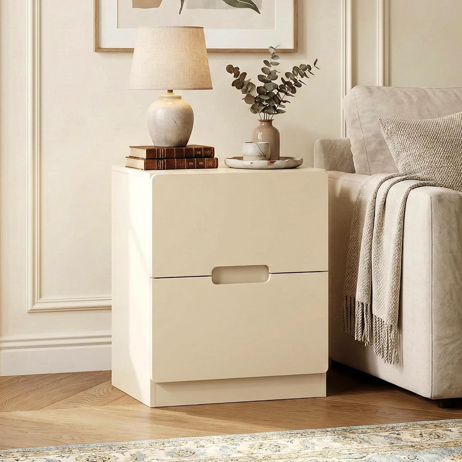 RoyalCraft Beige Nightstand Set of 2, Night Stand with Drawers, Modern Bedside Table with Handless Design, Wood End Table for Bedroom, Hallway