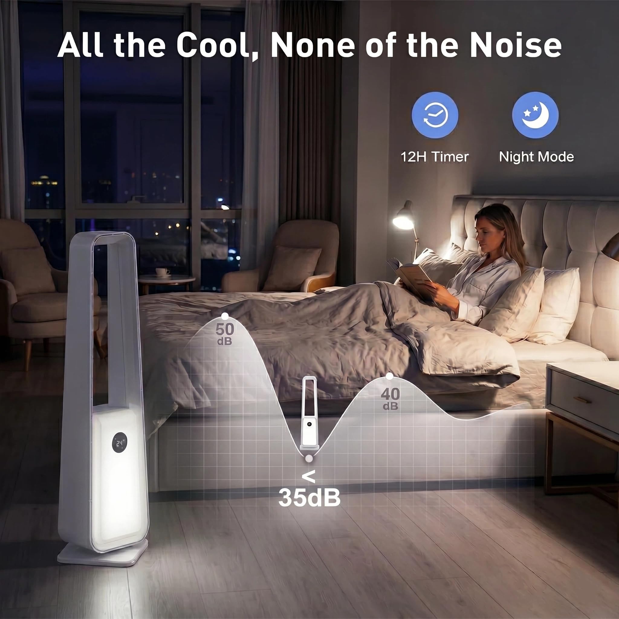 ThomP Ventilatore a Torre Senza Pale – Funzionamento Silenzioso, 24 Velocità, 3 Modalità, Oscillazione 75°, Timer 12H, 4 Colori LED, Telecomando per soggiorno, ufficio e camera