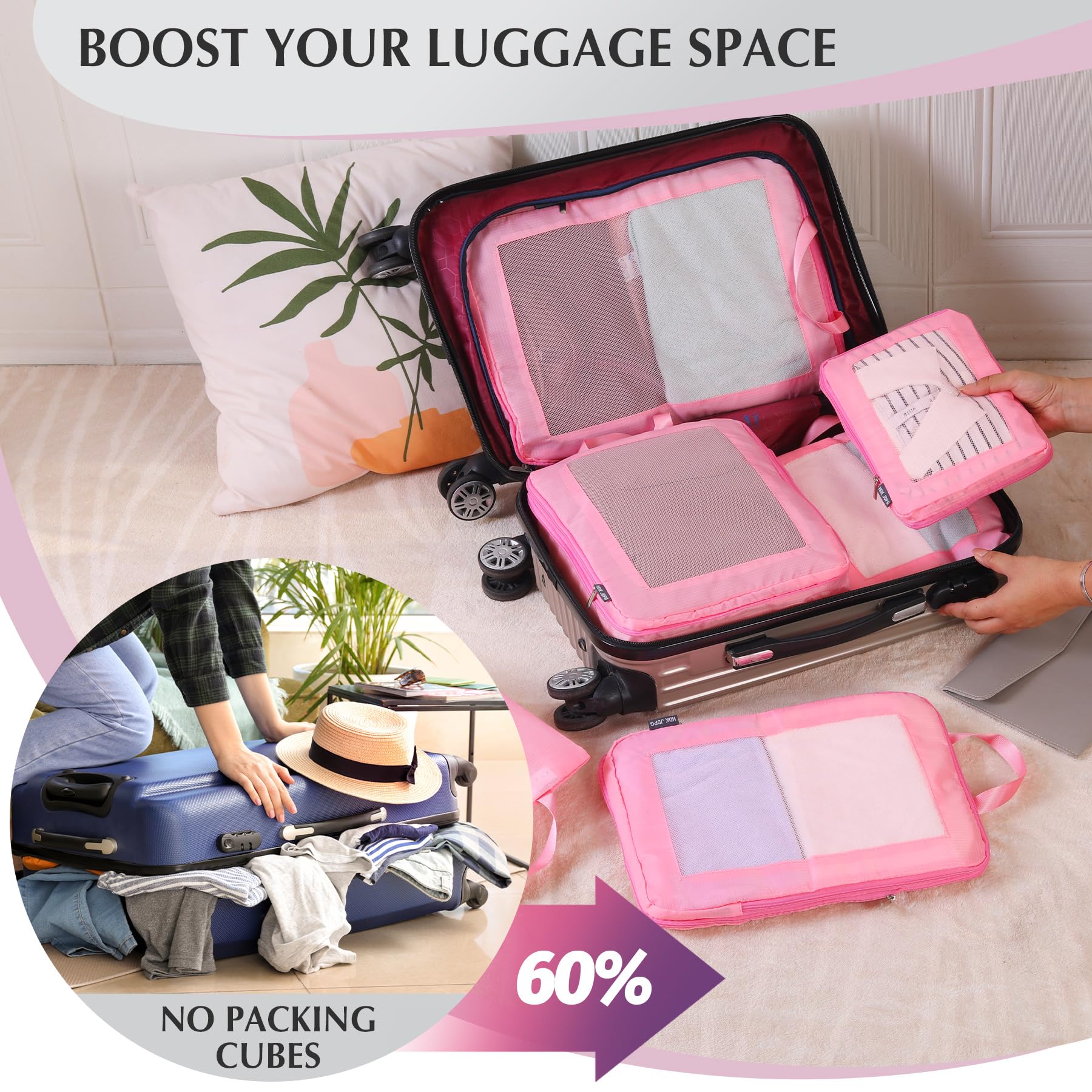Ultraleichte Kompressions-Verpackungswürfel für Koffer, Handgepäck, komprimierbare Netz-Verpackungswürfel für Reisen, Damen, Reiseutensilien, mit Schuhbeutel, 6er-Set, Rosa