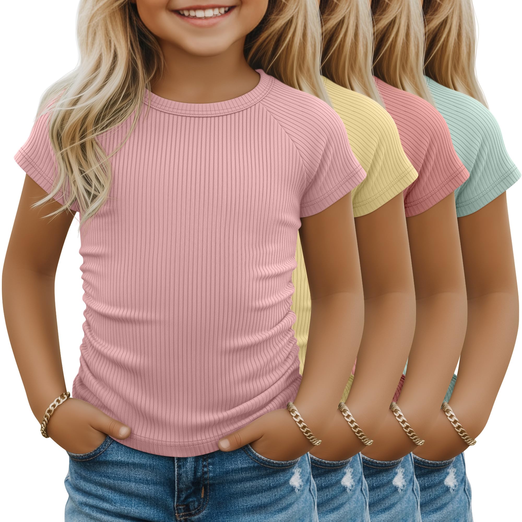 LessonZoo 4 Pack Toddler Girl Shirts Baby Girl Cotton Basic Tee Cute Ribbed T-Shirt Kids Short Sleeve Tops Clothes Age 18M-5T
