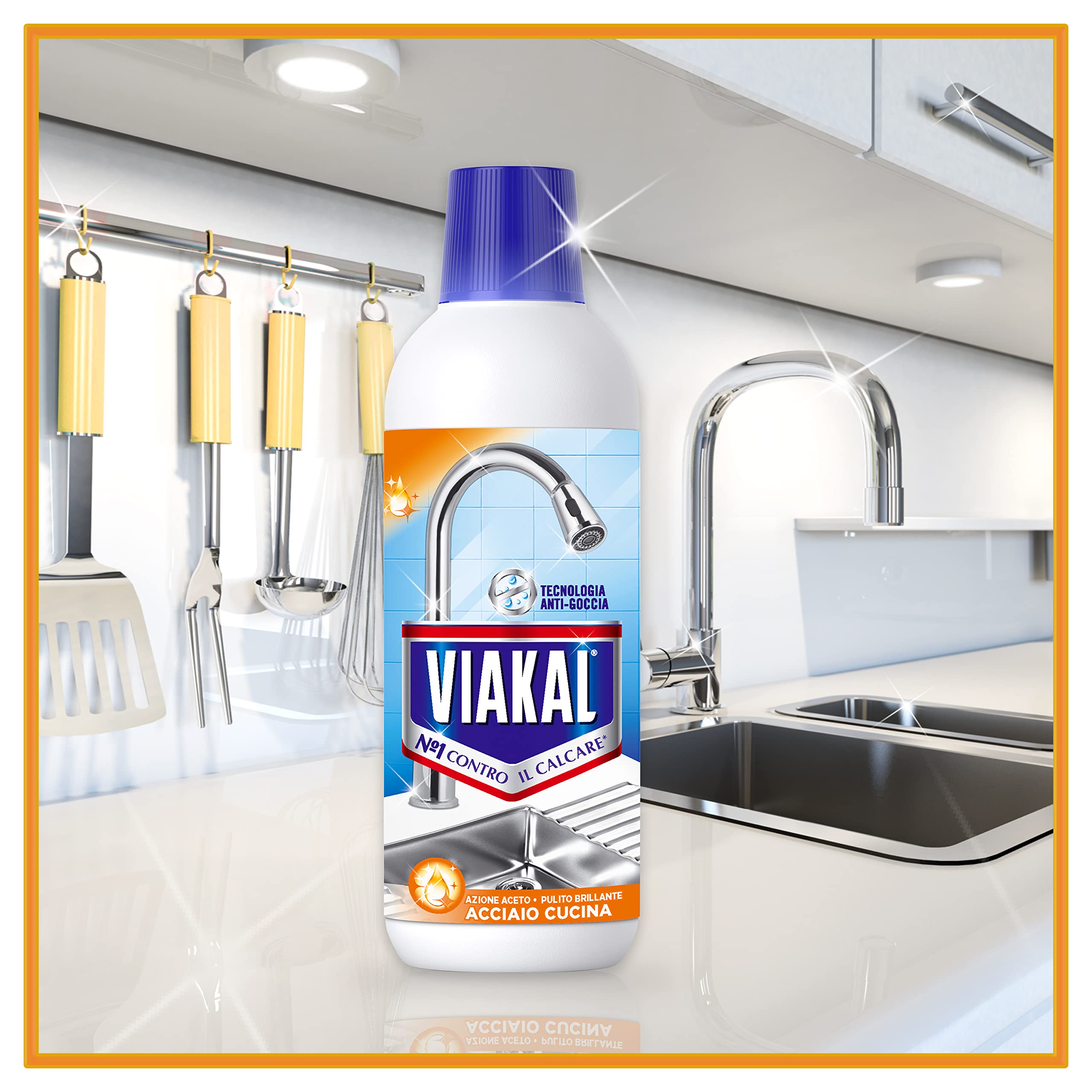 Viakal Anticalcare Detersivo Liquido Acciaio Cucina, 10 x 470 ml, Rimozione del Calcare fino al 100%, Pulito brillante, Brillantezza che dura a lungo