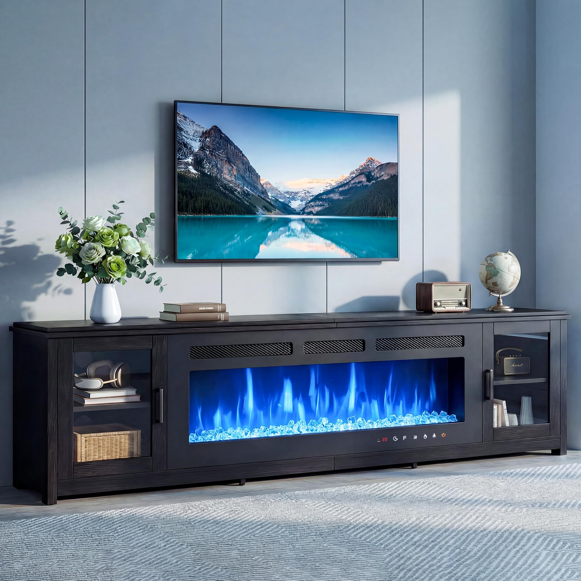 Photo 1 of ** only the table ** MXV 90" Fireplace TV Stand, Modern Entertainment Center with 60 Inch Electric Fireplace, Adjustable Shelf & Glass Door, Fire Place TV Console for Living Room, Black