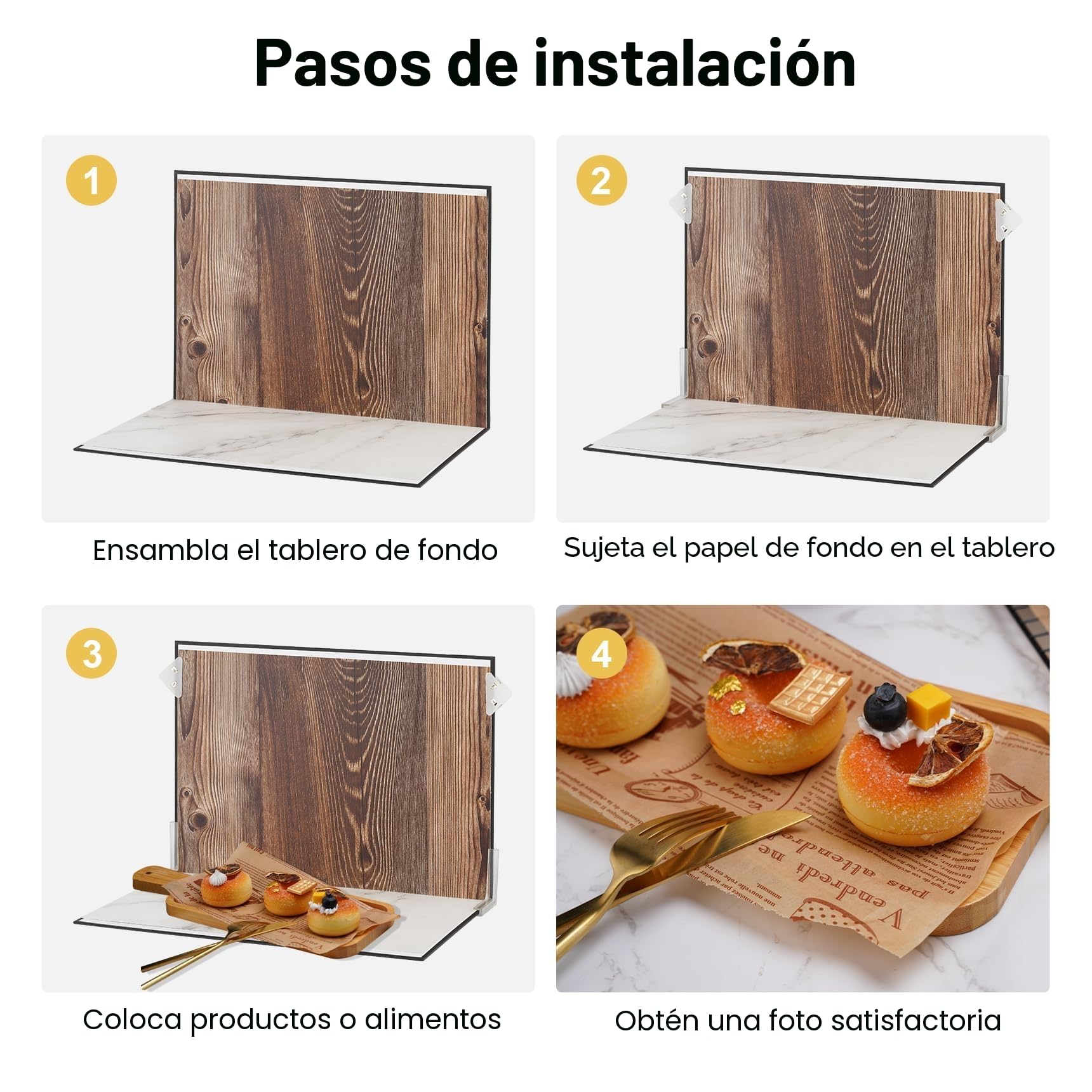 Set de fondos de fotos 30x40cm para pequeña fotografía de productos, cartón reflectante + 9 piezas de papel de fondo de doble cara con 18 patrones para alimentos, joyería, productos para el