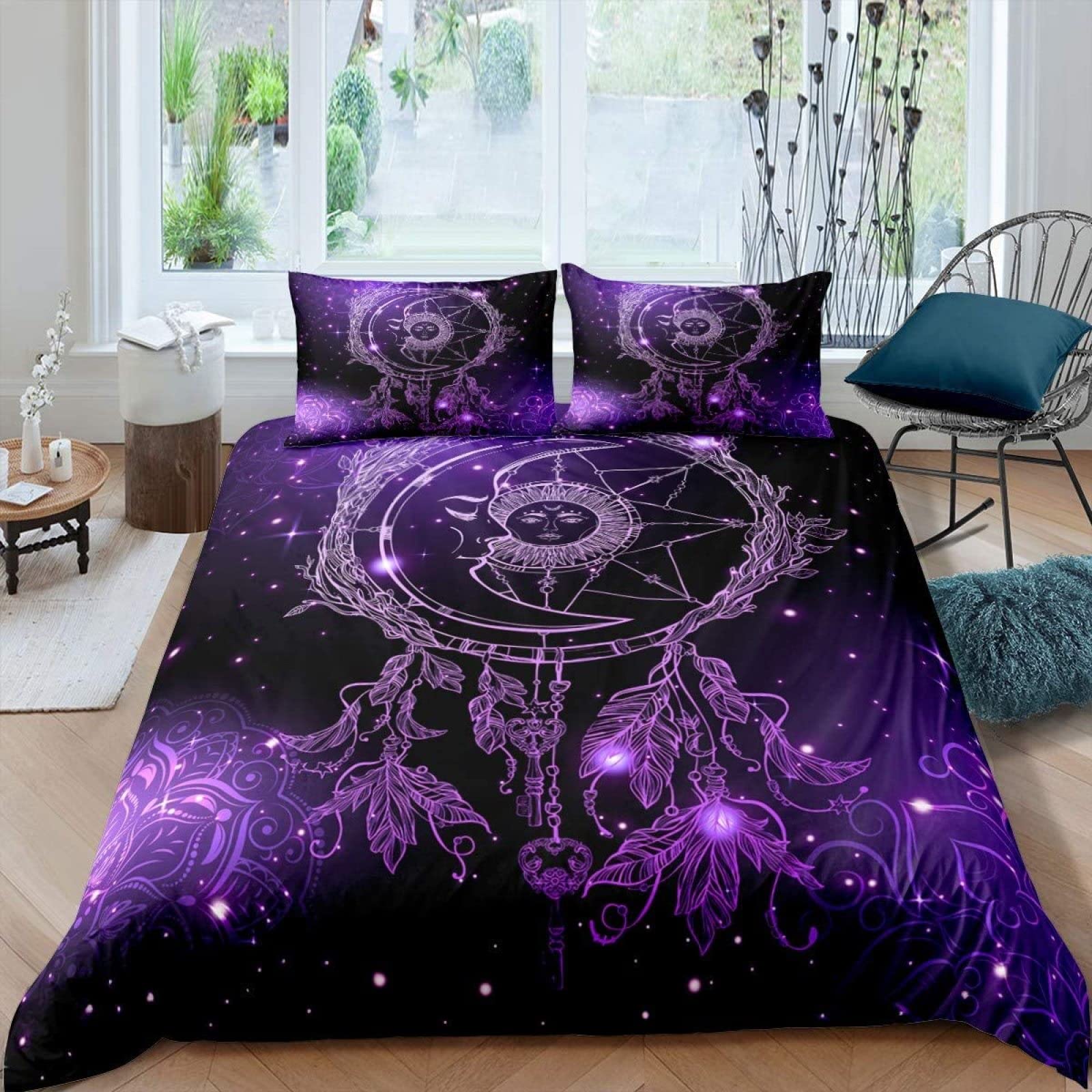 MLUNKQAIL Parure De Lit 160x200 Hortensia Violet Sets De Housses De Couettes Bois Gris Housse De Couette 3 Pièces Microfibre Avec Fermeture Éclair Et 2 Taies D'oreiller 65x65 Cm