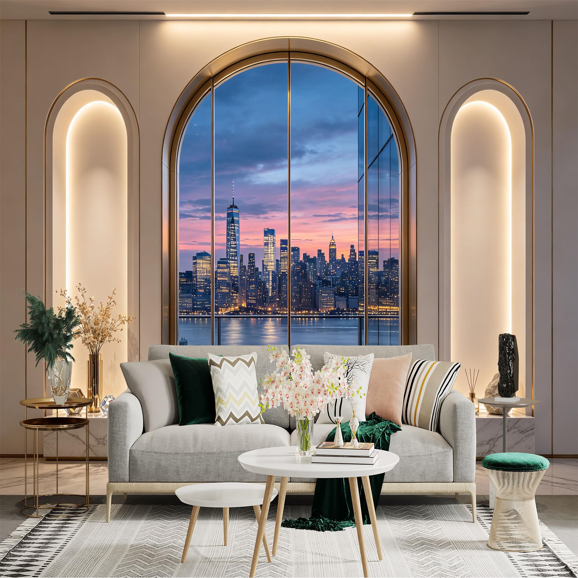 Custom Size Wall Sticker Mural， Modern City Skyline at Sunset Through Arched Window， for wall Decoration， peelandstick wall Decals.