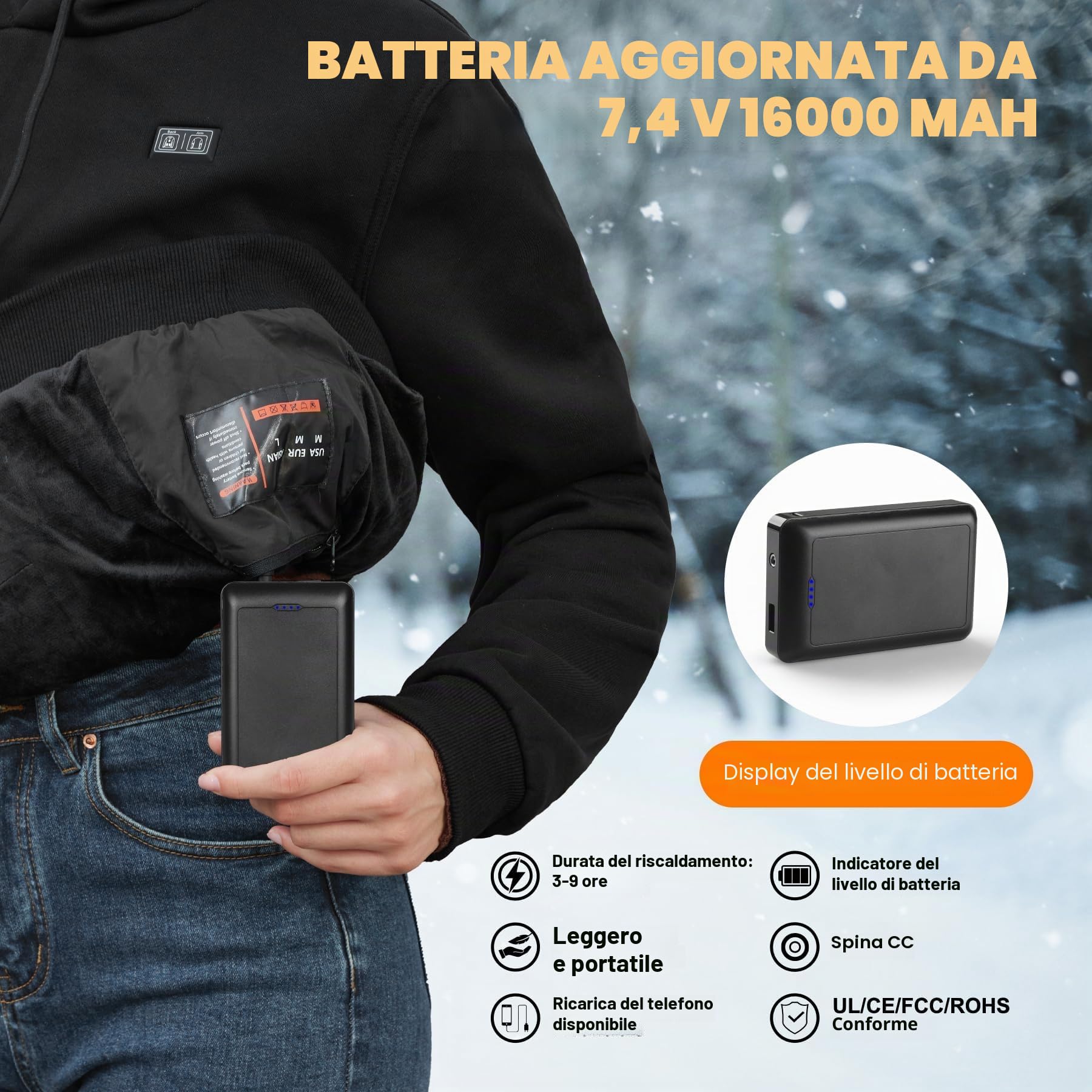 Felpa con Cappuccio Riscaldata per Uomo e Donna con fodera in pile, batteria da 7,4 V e 16000 mAh, 6 zone di riscaldamento