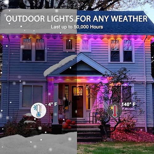 Miniatura 7 de Xyuee Luces permanentes para exteriores, 40 pies, luces LED RGB IC para exteriores, 40 LED, IP65, impermeable, luz de casa arcoíris con 72 modos de