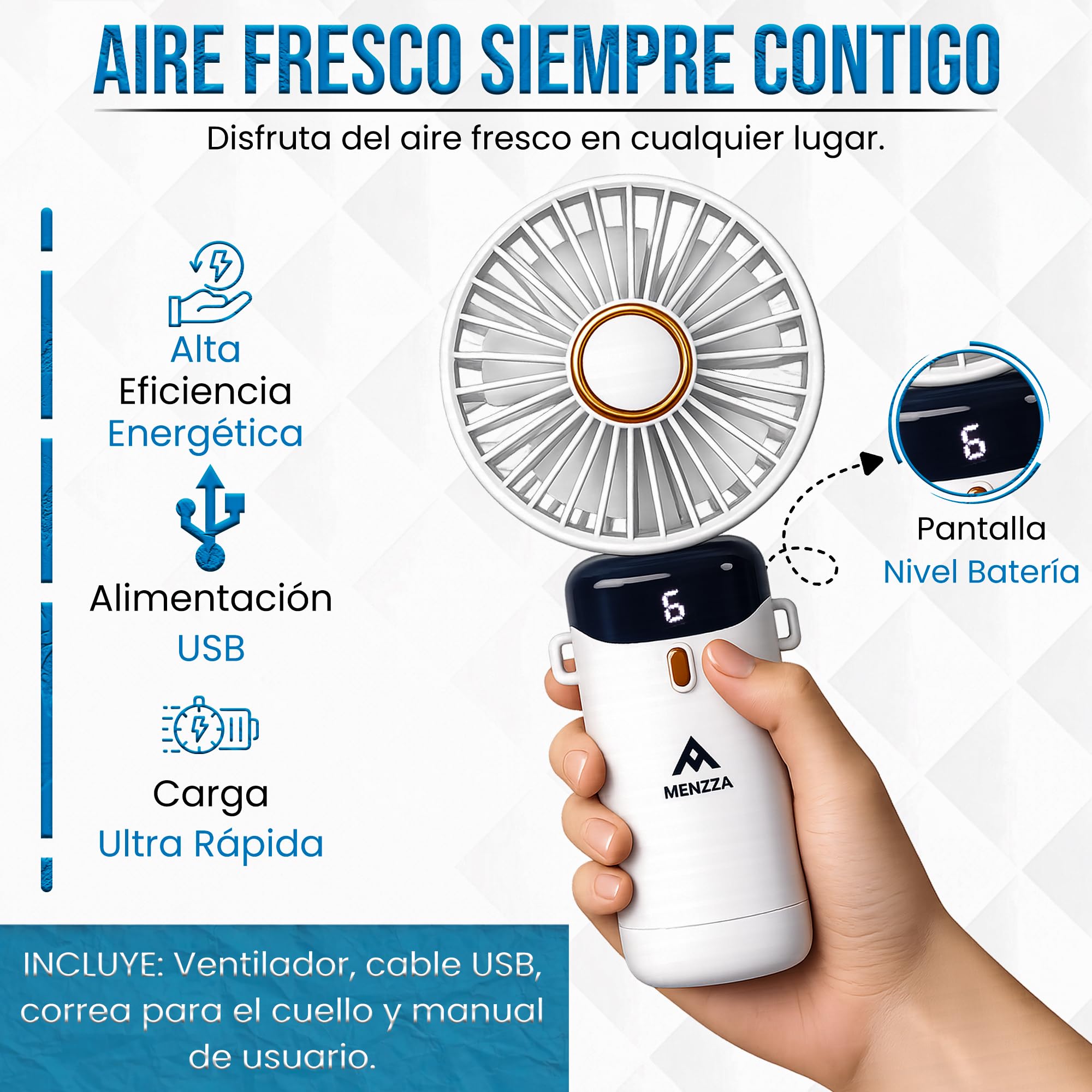 MENZZA® Ventilador Portatil 3 En 1 I 5 Velocidades I Ventilador De Mesa Recargable Por USB I Mini Ventilador Silencioso De Mano + Base + Cuerda Cuello Incluidas I 5000mAh. — view 5