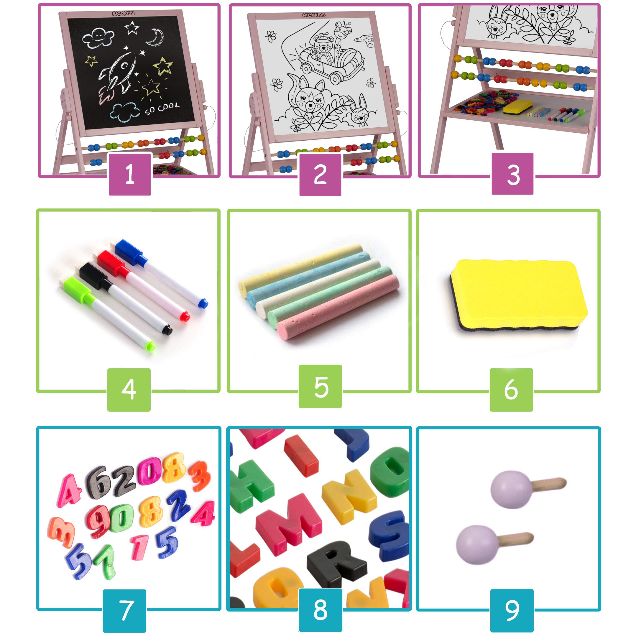 Spiel-Tafel für Kinder magnetisches Whiteboard und Kreidetafel Maltafel Kindertafel Staffelei aus Holz Ricokids (Rosa)