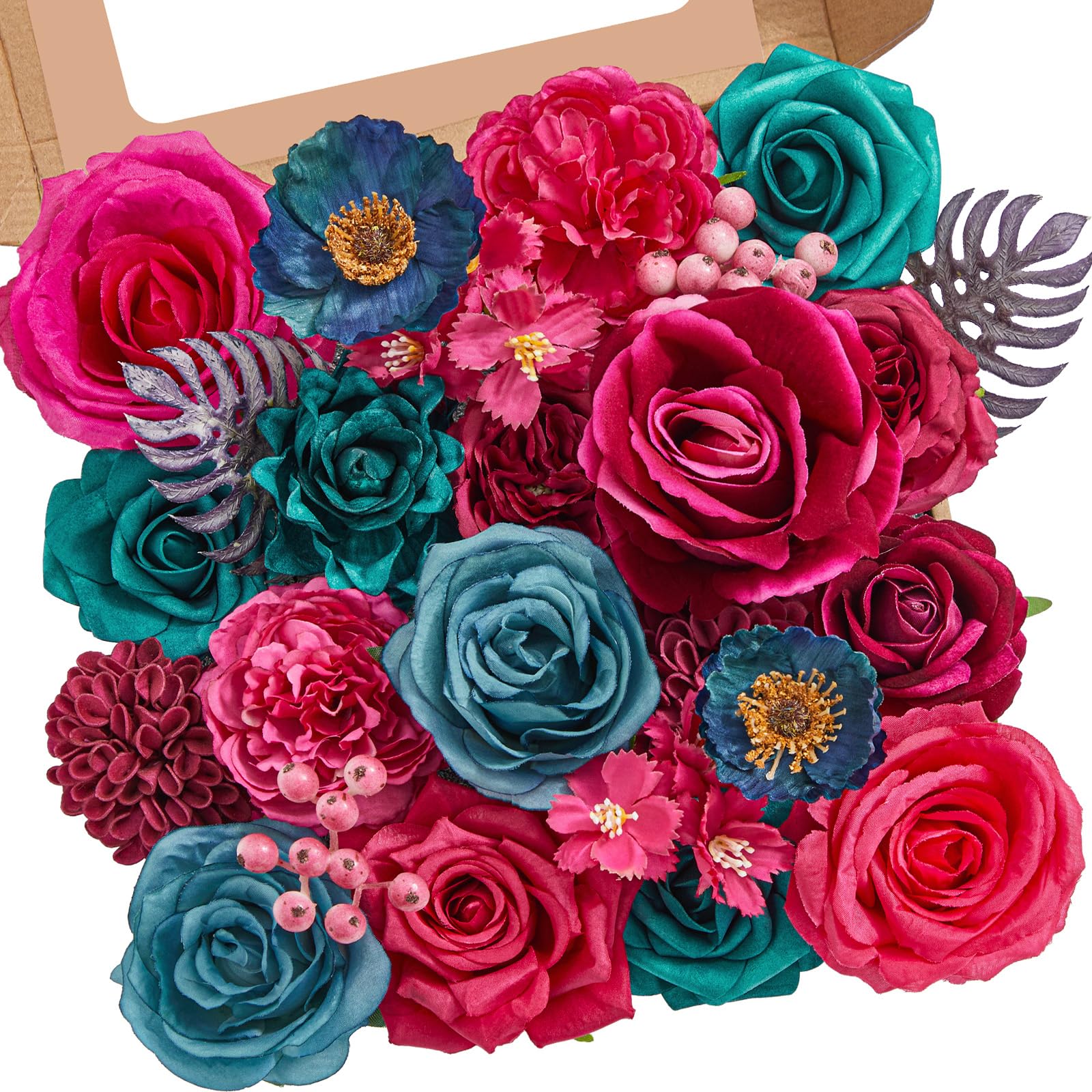 Serwalin Artificial Hot Pink & Teal Flowers, Magenta Silk Fake Flowers, Faux Flowers for DIY Wedding Bouquets Cake Decoration Baby Shower Centerpieces Floral Arrangements Party Decor