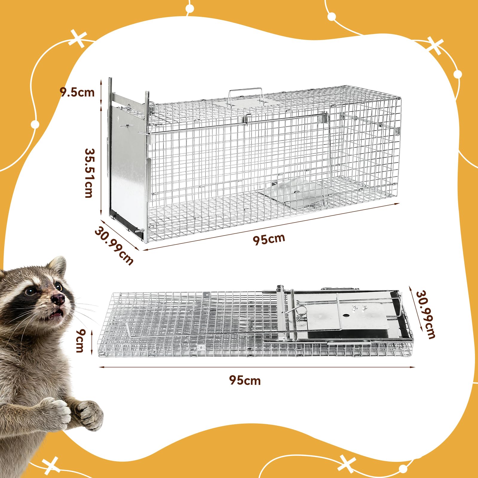 Jaula Plegable para la Captura de Animales 95×31×36 cm | Jaulas para la captura de animales vivos, aptas para mapaches, gatos callejeros, cachorros de coyote y cachorros de zorro