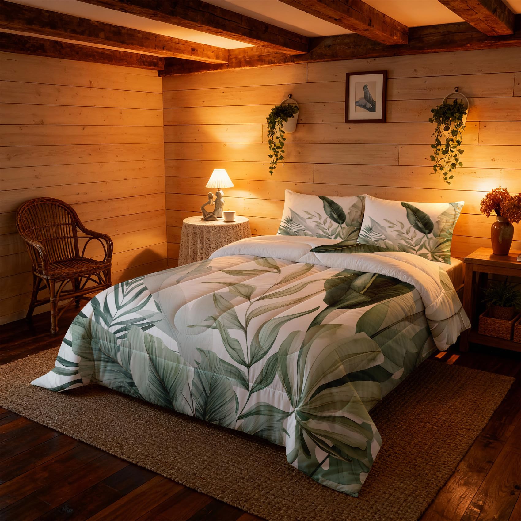 Couette 260x240 Imprimée Feuille Tropical - 4 Saisons, Couette 2 Personnes Feuillage Vert, 2 Taies d'oreiller 65x65, Décoration - Edredon Microfibre Douce sans Housse #r393