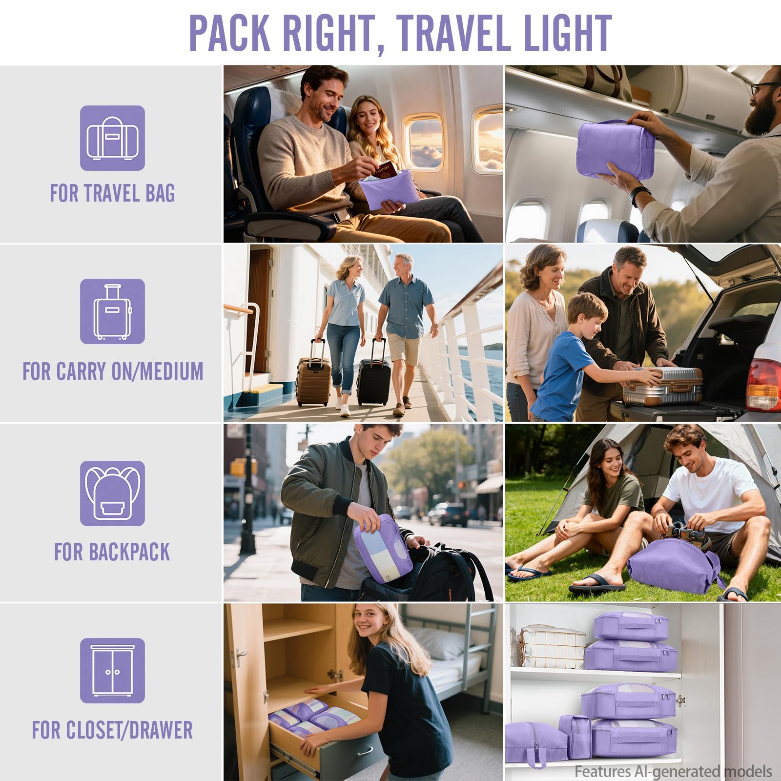 Veken 8 Set Packing Cubes for Travel Essentials,Anti-Wrinkle Buckled Suitcase Organizer for Shoe & Toiletry Bag,Carry On Luggage Bag with 99+ Count Mesh Holes for Airplane & College Dorm Accessories view 7