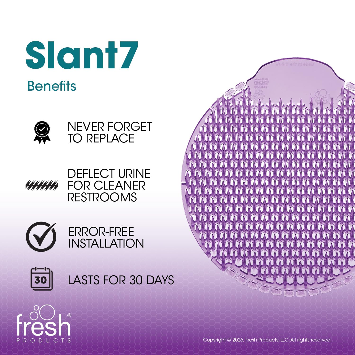 Fresh Products Slant7 Urinal-Sieb, beste Spritzschutz, einfache Installation, langanhaltender Duft, fabelhaft, lila, hergestellt in den USA, hält für 30 Tage, 10 Stück